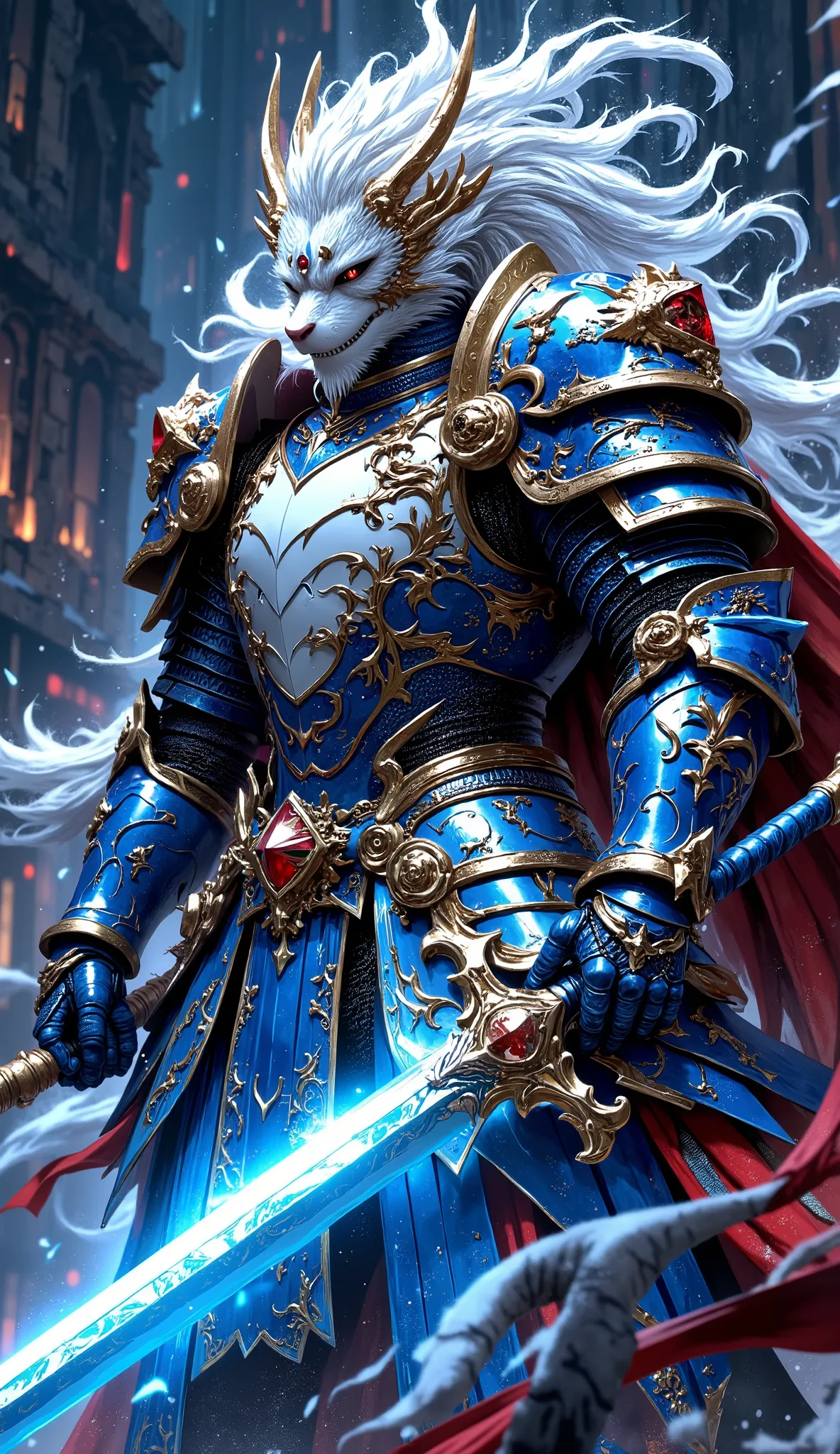 ((White Dragon Knight with a pure white body and dazzling scales:1.9)), (A white white dragon knight wearing beautiful blue and gold armor, blue armor has a golden amulet decoration on the edge, A young female knight wearing beautiful red and golden armor,...