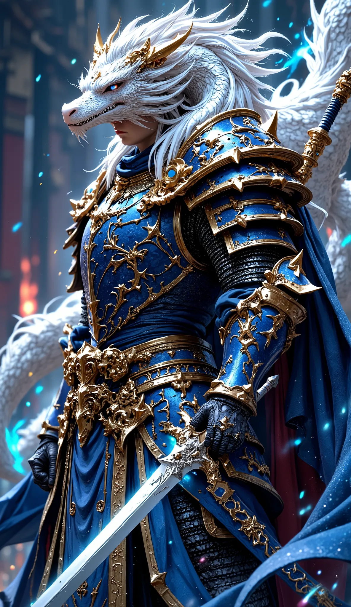 ((White Dragon Knight with a pure white body and dazzling scales:1.9)), (A white white dragon knight wearing beautiful blue and gold armor, blue armor has a golden amulet decoration on the edge, A young female knight wearing beautiful red and golden armor,...