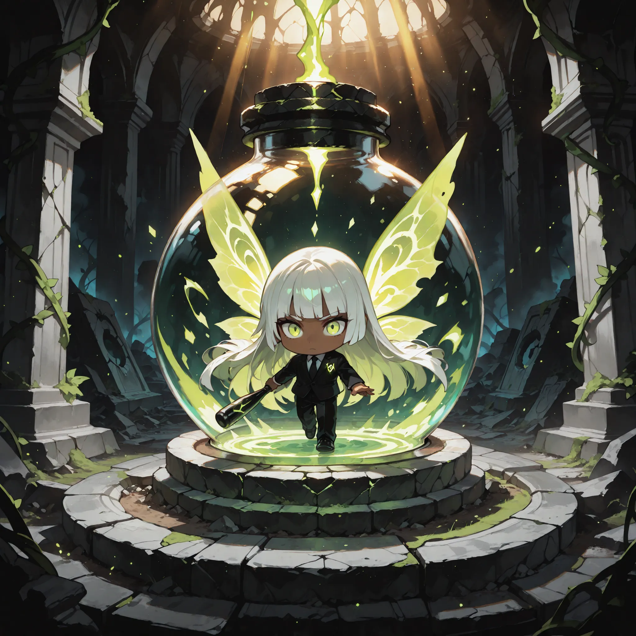 (masterpiece, high quality, ultra-detailed), chibi, solo, 1 boy, cinematic lighting, dramatic, high contrast, dark hero, dangerous vibe, low angle
male fairy, handsome, dark skin, white hair, very long hair, hip-length hair, hime-cut, lime green eyes, bla...