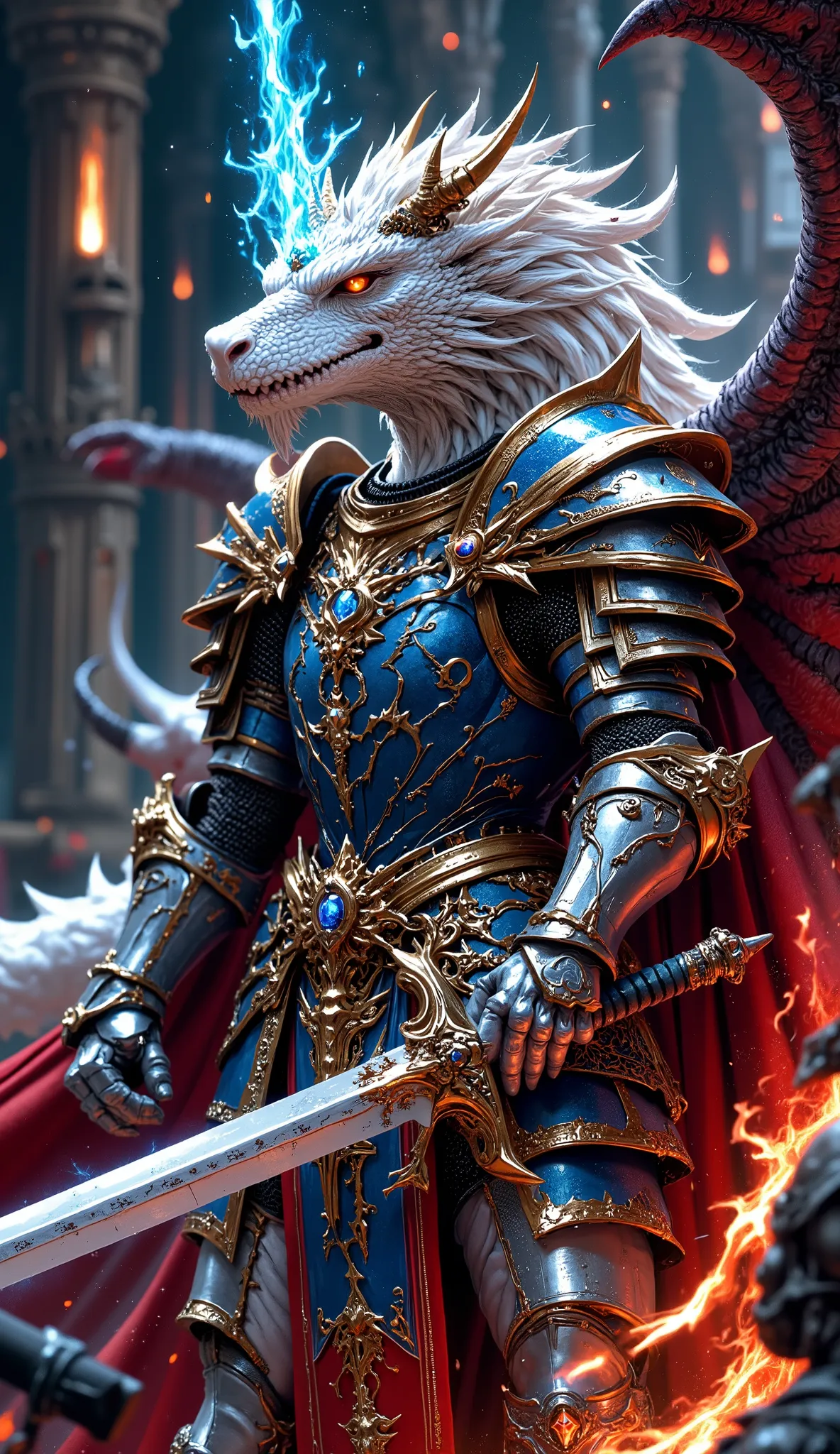 ((white sword with white sword excalibur emitting a sacred blue aura in his right hand The Knight、battle scene with dark magic:1.9)), (A white white dragon knight wearing beautiful blue and gold armor, blue armor has a golden amulet decoration on the edge,...