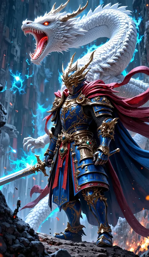 ((White Dragon Knight with a pure white body and dazzling scales:1.9)), (A white white dragon knight wearing beautiful blue and gold armor, blue armor has a golden amulet decoration on the edge, A young female knight wearing beautiful red and golden armor,...