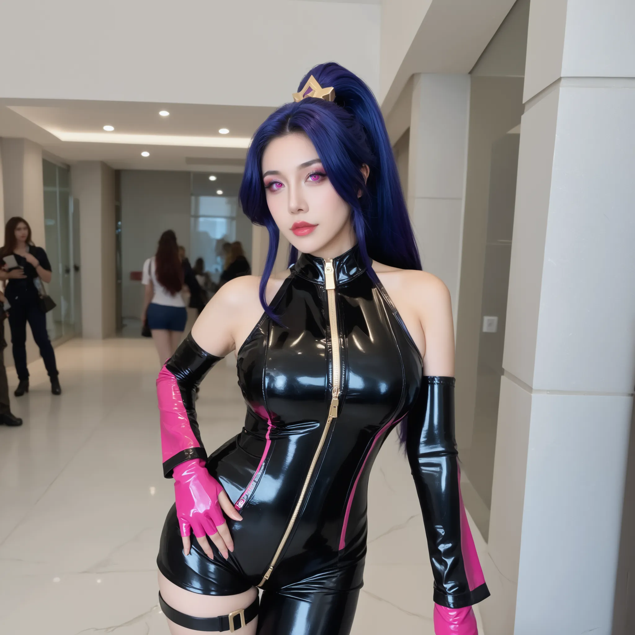 Mulher cosplayer, hanabi from mobile legends, realistic version,masterpiece,amazing quality,best quality,ultra-detailed,8K, bodysuit, latex, zipper, unzipping,(Layla_ML:1.3), woman, long hair, dark blue hair, high ponytail, pink eyes, big breast, futuristi...