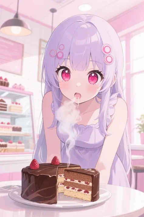 Anime style girl，A girl is fascinated by the cut chocolate mille-feuille cake in front of her，Girl's long light purple hair，pale faces，Big round eyes，Countless circles of rose-red colored contact lenses，Seductive lips slightly open，Drool at the corner of the mouth，Breaking out a breath of hot air，Perfect Lighting，perfect composition，Indoor background of cake shop