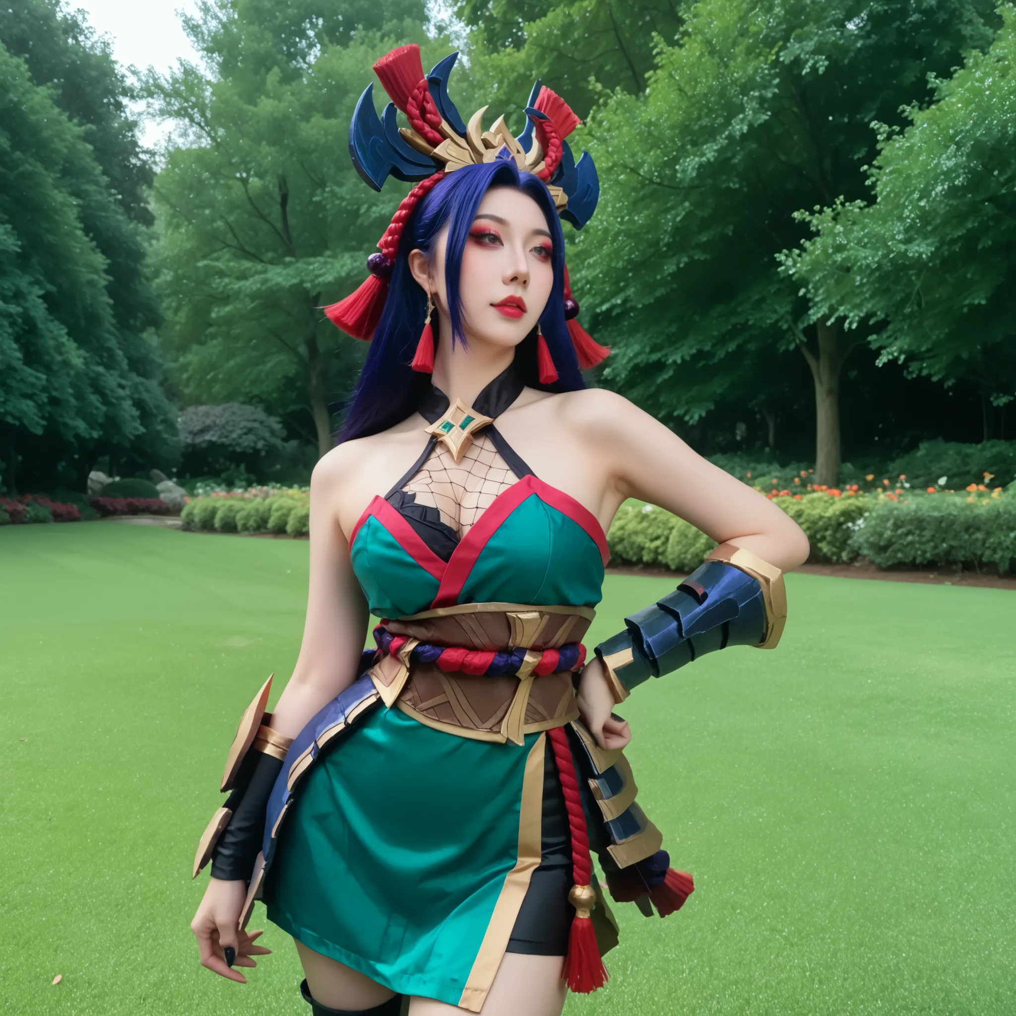 Garota cosplayer, ela é cosplayer de hanabi mobile from legends, hanabi from mobile legends, ultradetalhado, she's staring deafly ,pele real,textura da pele,  she's standing on a lush green field