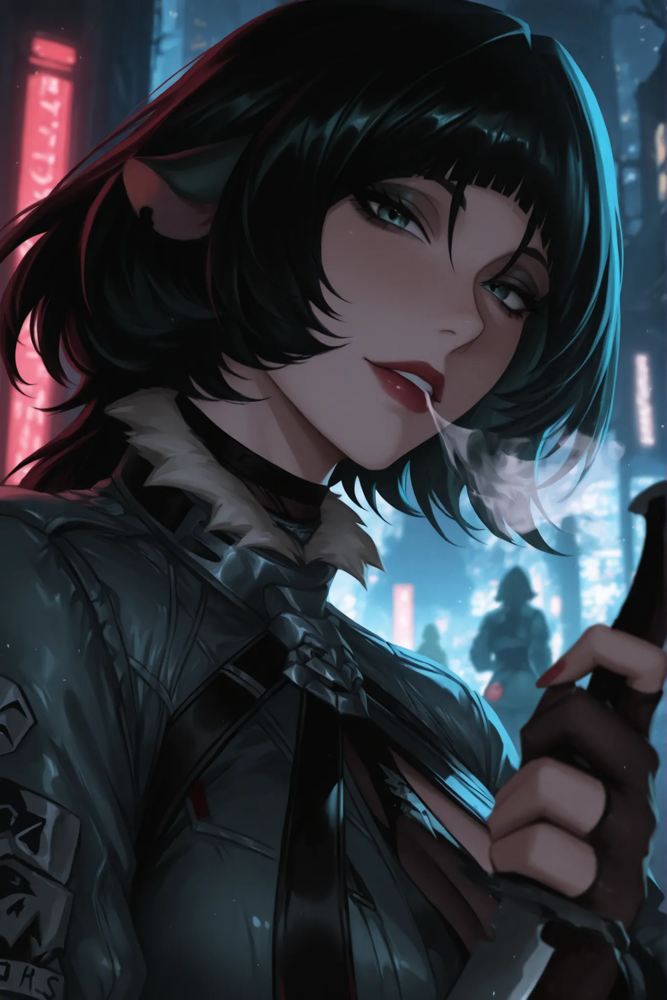 ((Just 1 person in the image)), (jane doe :1.2), Aquecer, Hand a knife, black hair with a dark half-greenish tone , cabelo longo, cabelo desgrenhado, levado, white breath, olhos azul , olhos brilhantes, seios grandes,  cauda de rato, upper body, ao ar livr...