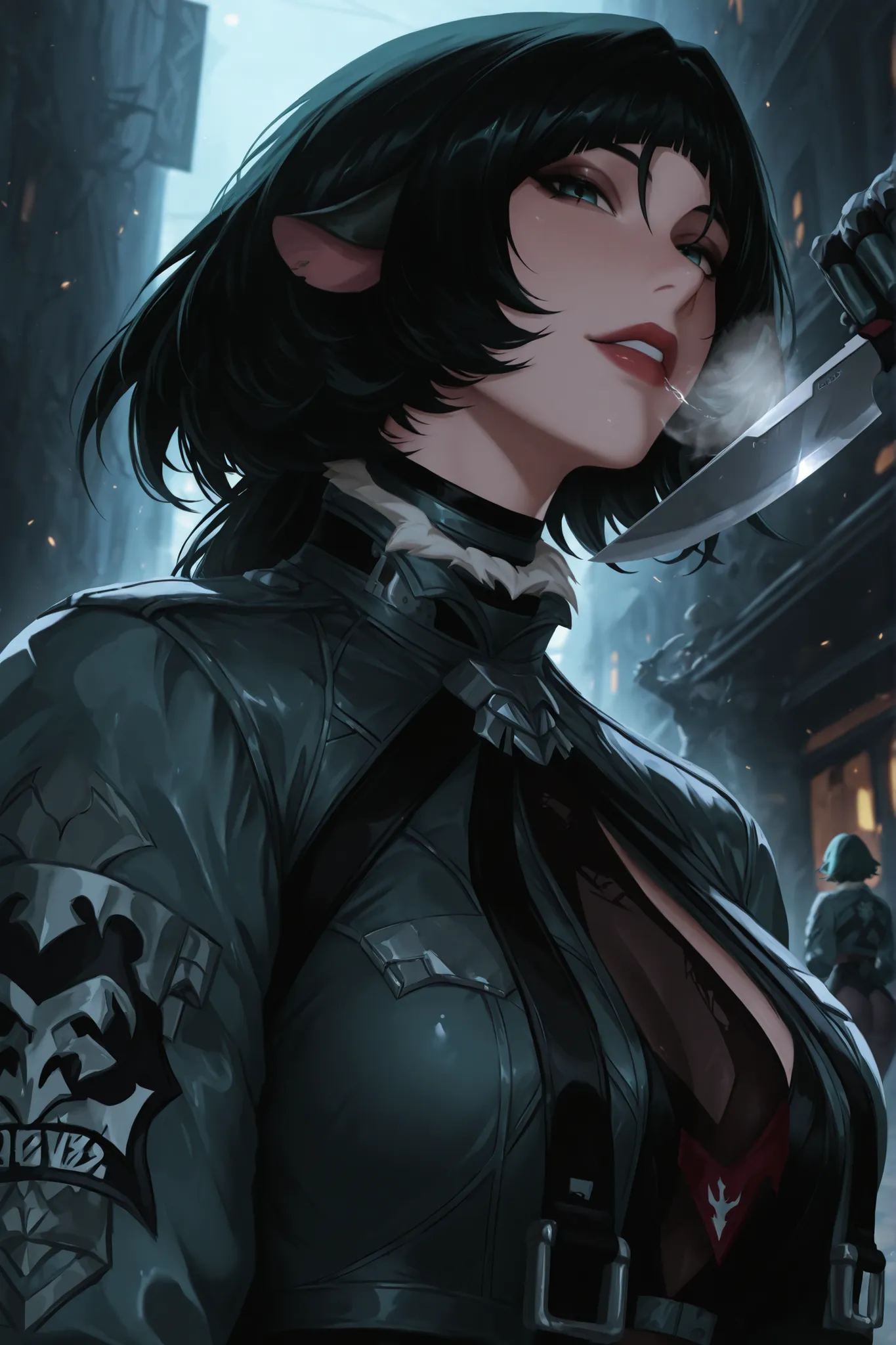 ((Just 1 person in the image)), (jane doe :1.2), Aquecer, Hand a knife, black hair with a dark half-greenish tone , cabelo longo, cabelo desgrenhado, levado, white breath, olhos azul , olhos brilhantes, seios grandes,  cauda de rato, upper body, ao ar livr...