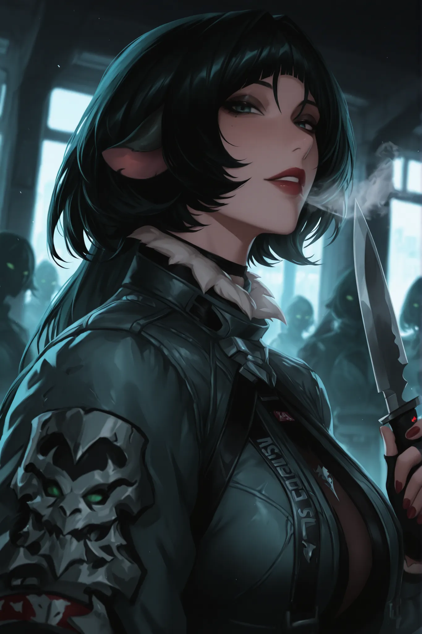 ((Just 1 person in the image)), (jane doe :1.2), Aquecer, Hand a knife, black hair with a dark half-greenish tone , cabelo longo, cabelo desgrenhado, levado, white breath, olhos azul , olhos brilhantes, seios grandes,  cauda de rato, upper body, ao ar livr...