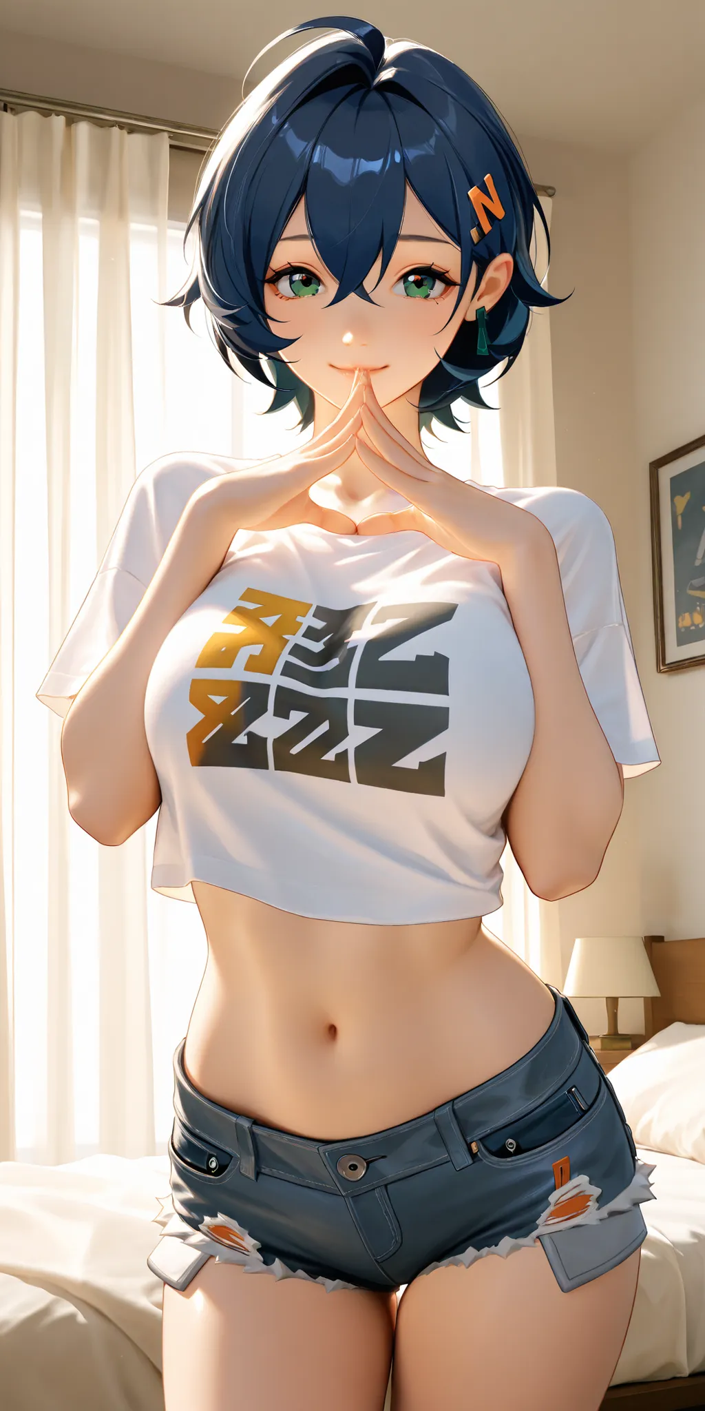 almost realistic, almost realistic, almost realistic, front view, looking at viewer, gentle smile, 1 girl - Belle from Zenless Zone Zero, cimtdbellezzz, 1girl, green eyes, short hair, blue hair, hair between eyes, ahoge, medium breast, white cropped tshirt...