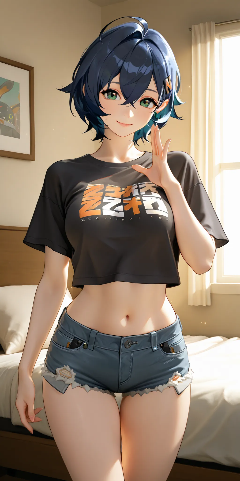 almost realistic, almost realistic, almost realistic, front view, looking at viewer, gentle smile, 1 girl - Belle from Zenless Zone Zero, cimtdbellezzz, 1girl, green eyes, short hair, blue hair, hair between eyes, ahoge, medium breast, white cropped tshirt...
