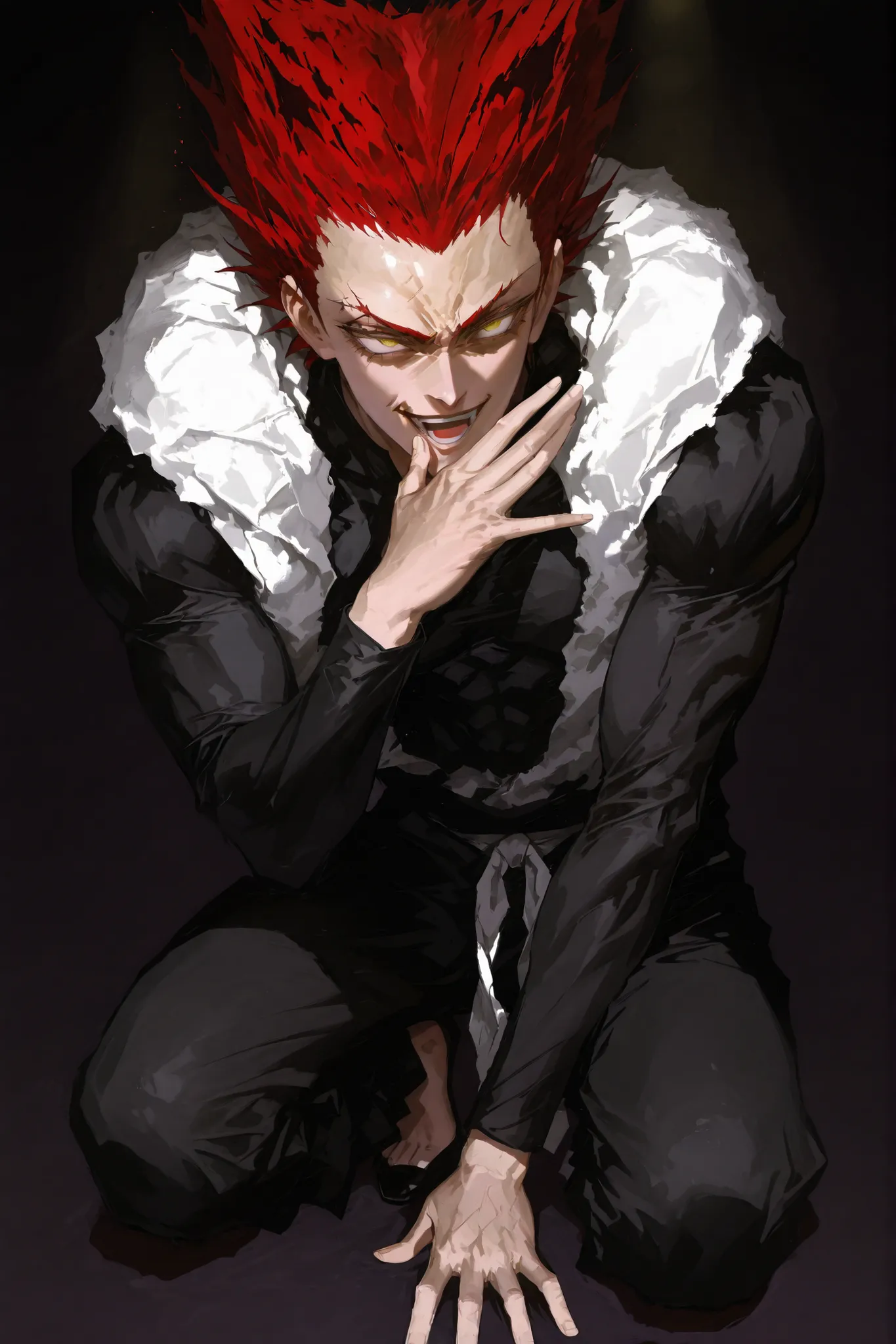 One Punch Man:Garou, anime, 4K, illustration, full body, straight, laughing expression, man, 18 years old, mature, realistic, elaborate, precise description, dramatic lighting, dark background, intense colors, old-fashioned, oil paint,silvery hair,eyebrow,...