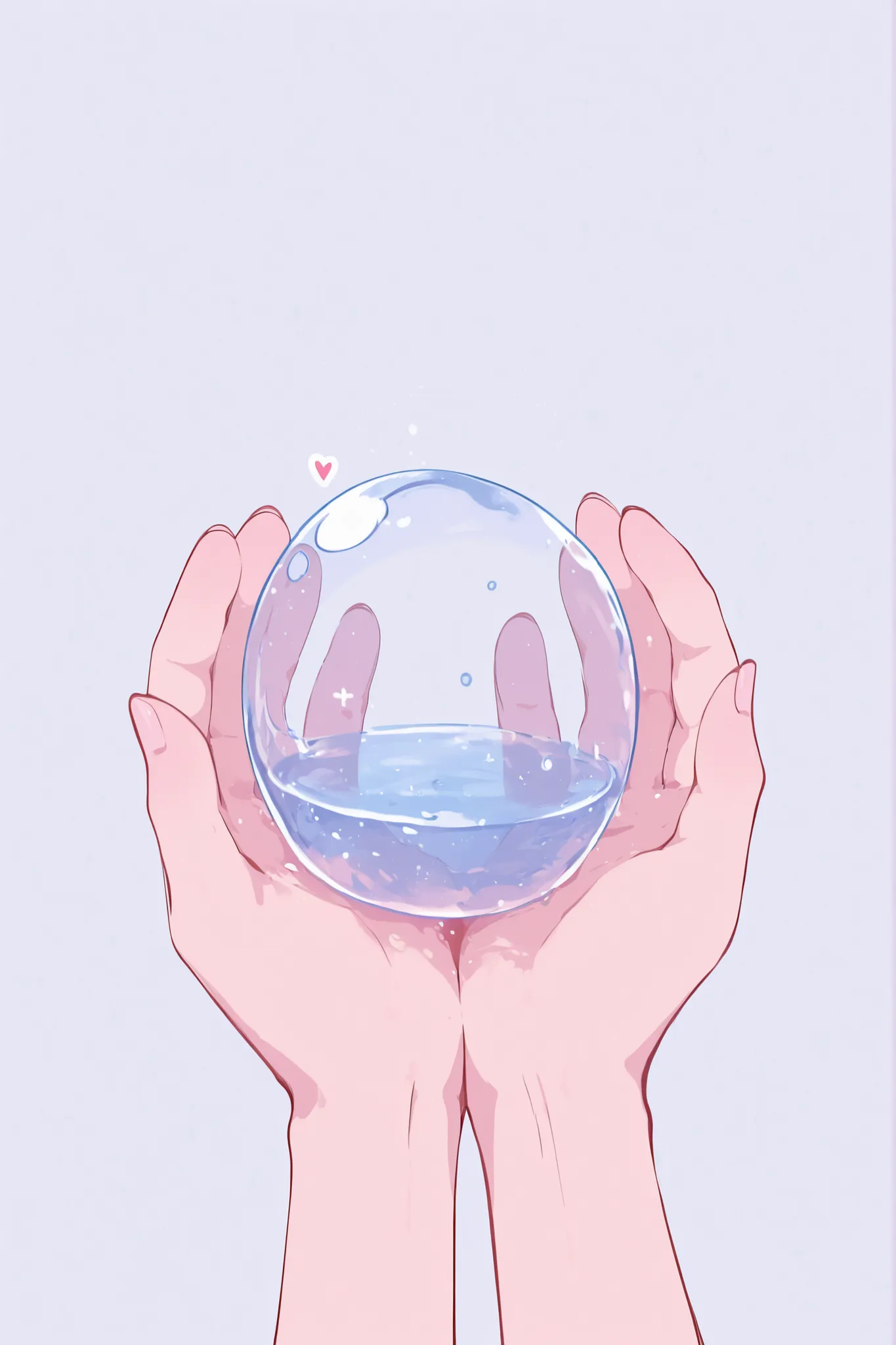 Heart-shaped transparent water droplet, River flowing through the hands. fundo branco