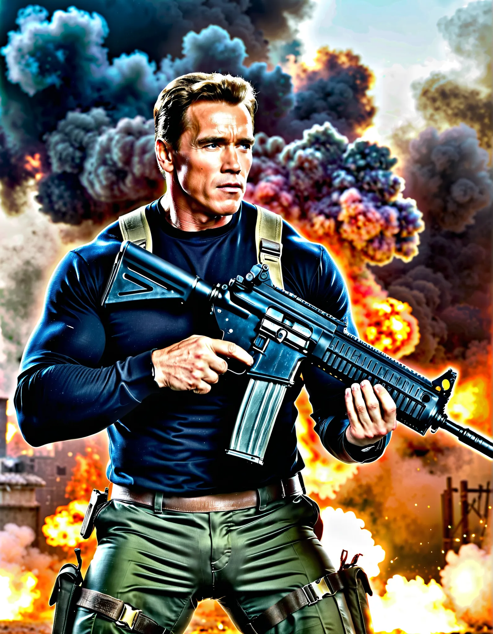 (best quality,4k,8k,highres,masterpiece:1.2),ultra-detailed,realistic:1.37,arnold schwarzenegger,brutal,vivid colors,sharp focus,rpg-7, grenade launcher, shooting,burst fire,empty casings dropped down ,explosions on background,dramatic lighting,strong shad...