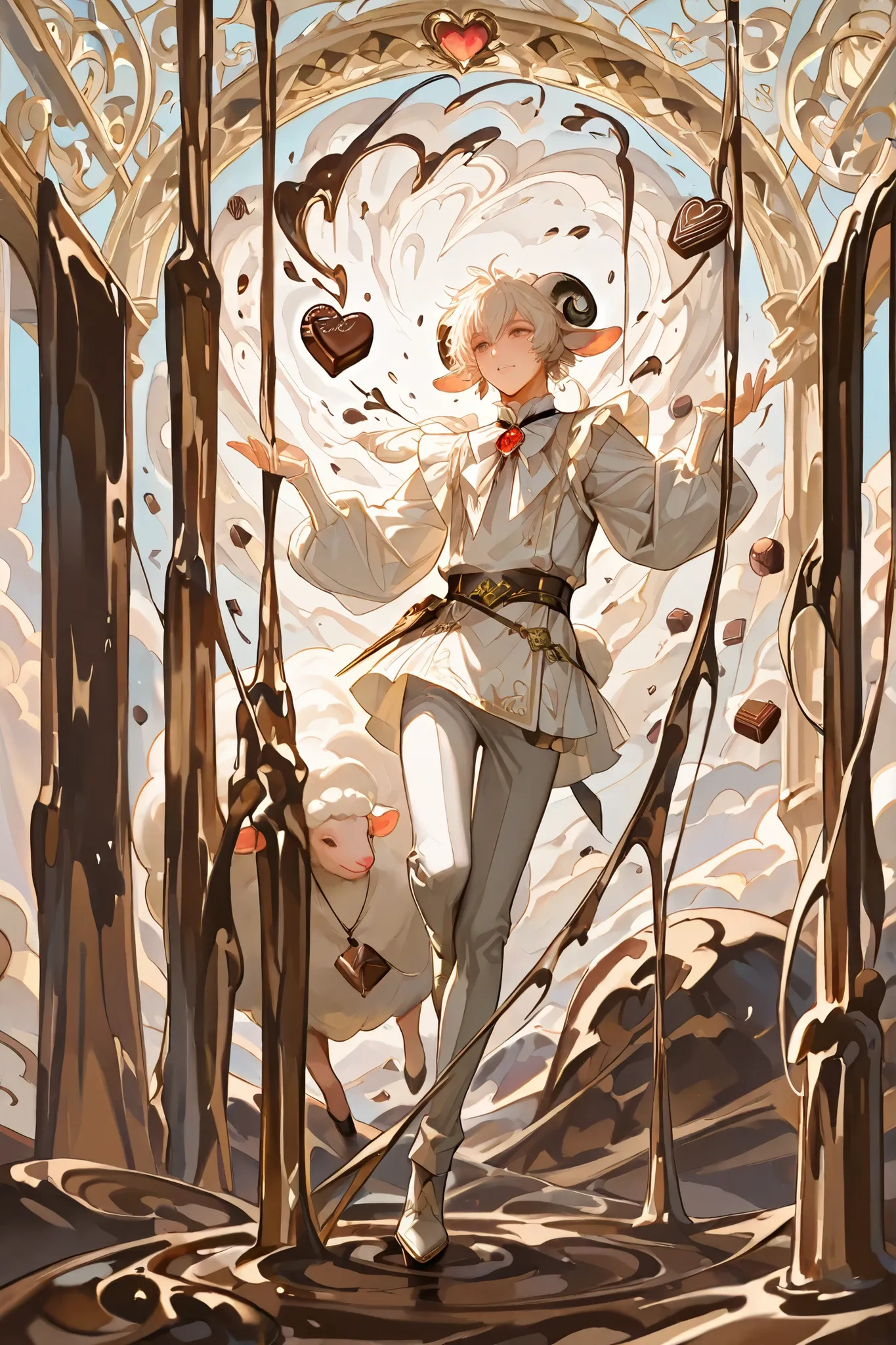 Sheep Boy，boy， [handsome guy、love to eat chocolate，milk chocolate cream white，chocolate floating in the air，soft yarn，Wear a heart-shaped brooch， Fantasy World，chocolate waterfall，surrealism，dynamic，soft