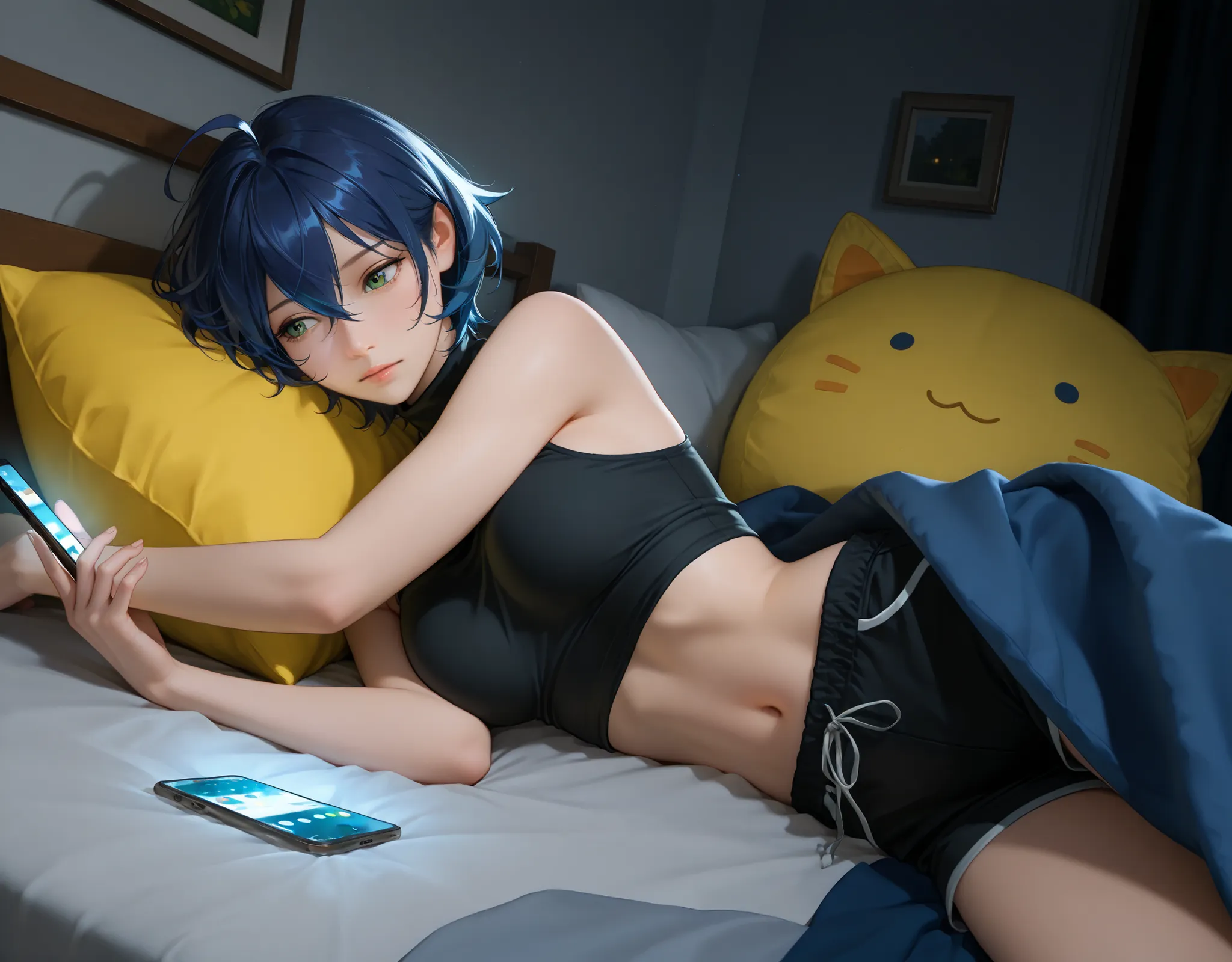 almost realistic, almost realistic, almost realistic, front view, 1 girl - she is Belle, 1girl, green eyes, short hair, blue hair, hair between eyes, ahoge, medium breast, black turtleneck tank top, stomach not exposed, short black hot pants, high detailed...