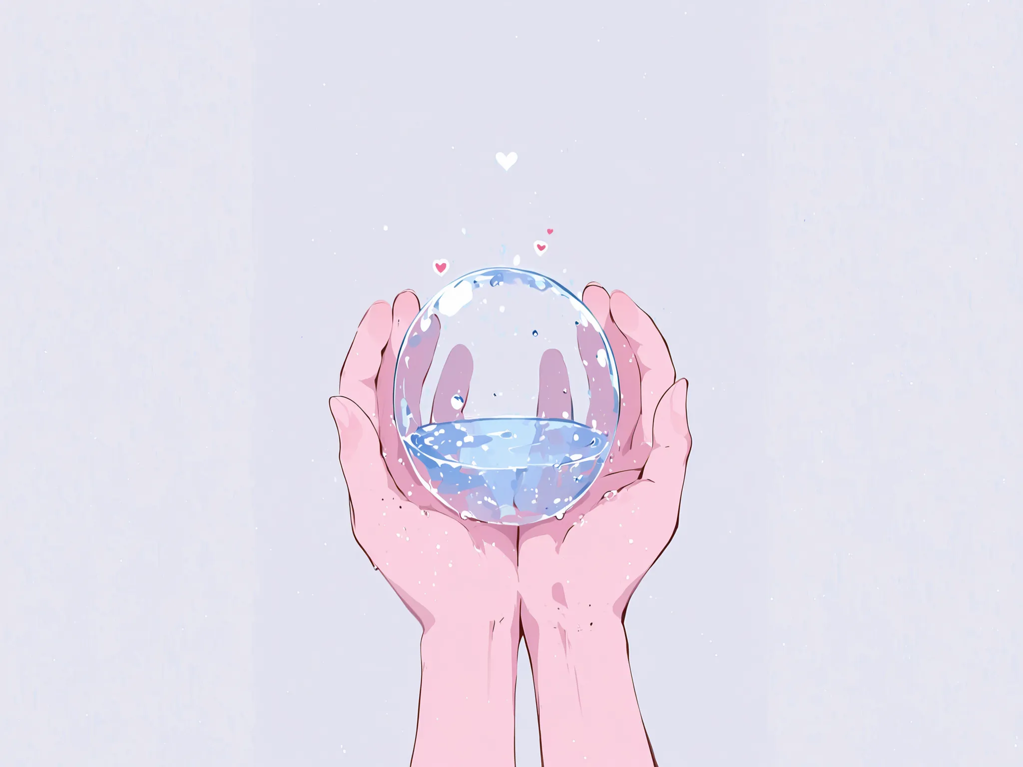 Heart-shaped transparent water droplet, River flowing through the hands. fundo branco