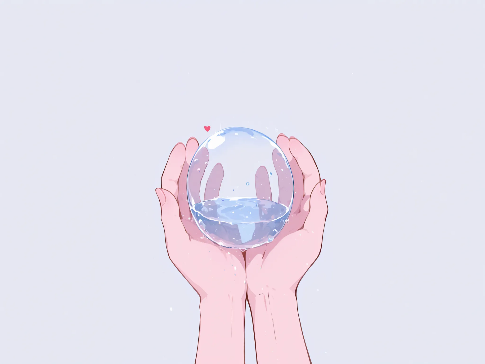 Heart-shaped transparent water droplet, River flowing through the hands. fundo branco