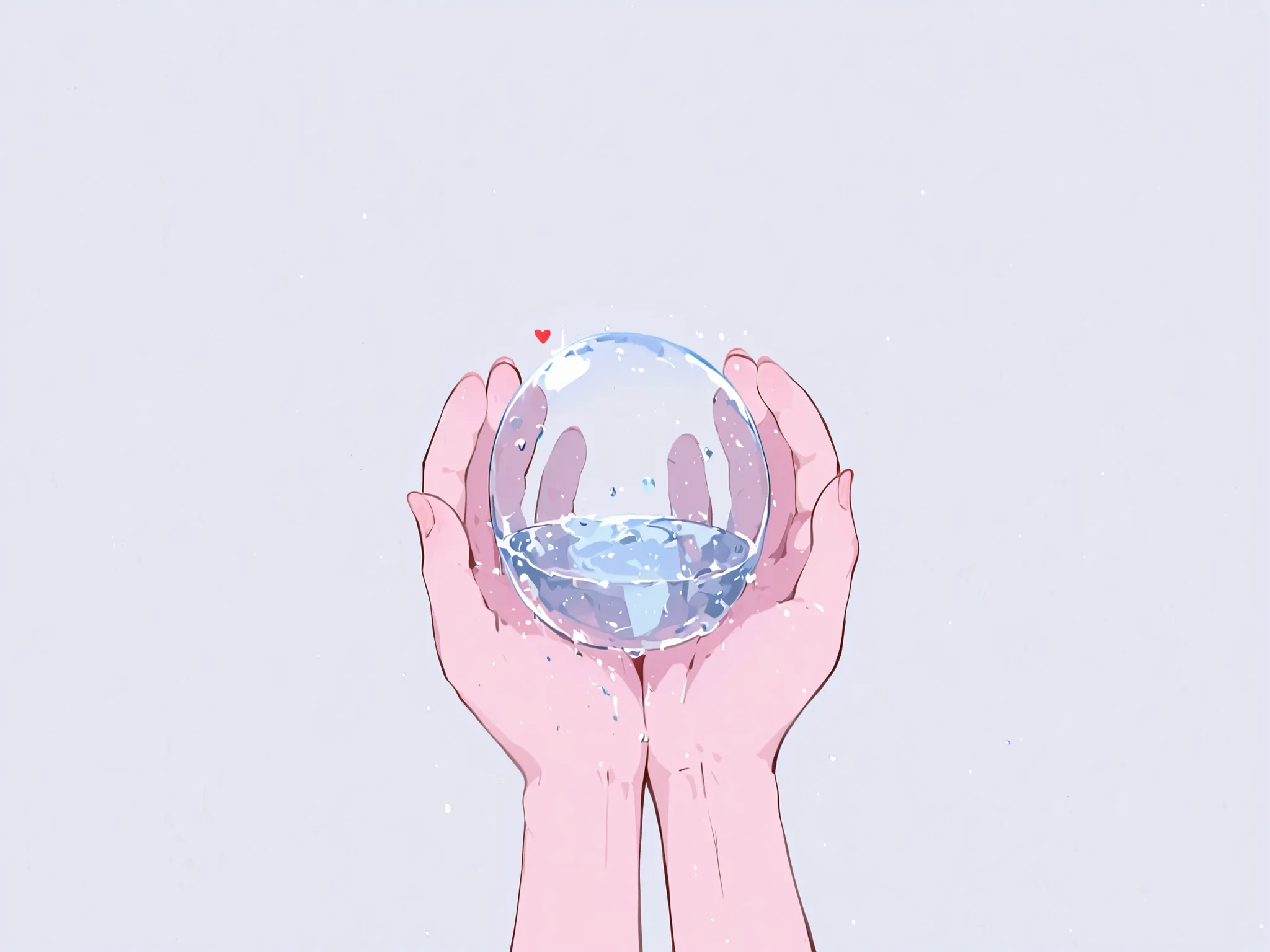 Heart-shaped transparent water droplet, River flowing through the hands. fundo branco