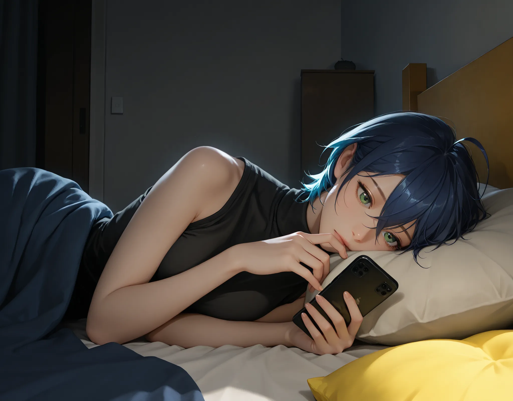 almost realistic, almost realistic, almost realistic, front view, 1 girl - she is Belle, 1girl, green eyes, short hair, blue hair, hair between eyes, ahoge, medium breast, black turtleneck tank top, black sweatpants, high detailed, best quality, young lady...