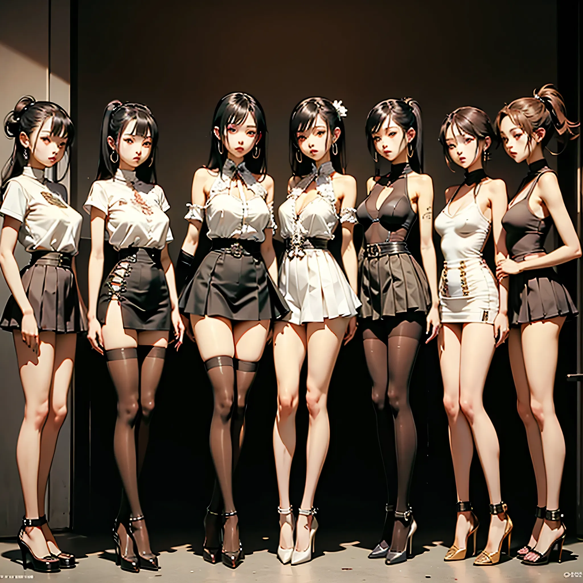,very young, Slender, petite and slightly innocent blonde anime girl、small breasts and dark black eyeshadow、wears big hoop earrings。Sweet sweet　Cocoa　trap、neon brown plain high waist、cute mini skirt with fine pleats、wearing high heels on a black platform {...