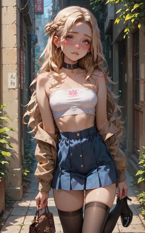 very young, slender, petite and slightly innocent blonde anime girl with small breasts and dark black eyeshadow、wearing big hoop earrings。Sweet sweet　Cocoa　trap、cute micro skirt with small pleats in neon brown with high waist、in very dark black pantyhose t...