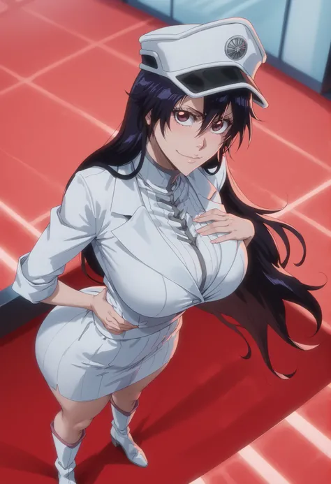 bambietta basterbine (((Bleach))),  eyes,  hair, long hair, BIG BREASTS, eyelashes, red face, masterpiece, smiling, embarrassed, closed mouth, teacher, best quality, medium waist, wide hips, medium thighs, round butt, white boots, standing, frontal, lookin...