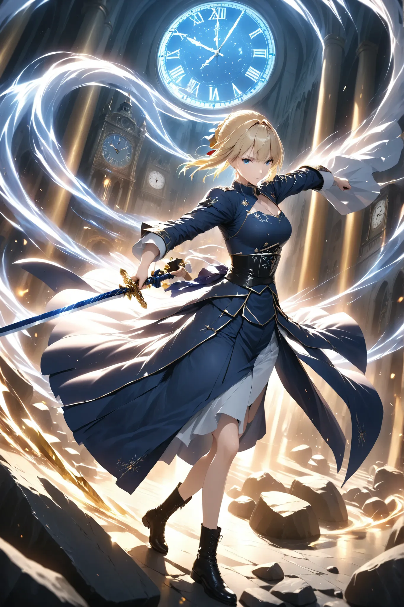 fanart, artoria pendragon (fate), saber (fate), Pulling the Holy Sword from the Rock, Swirling Mysteries, Motion Blur Air, Produce the flow of time and the rotation of the clock, The Moment of the Blue King's Birth, 