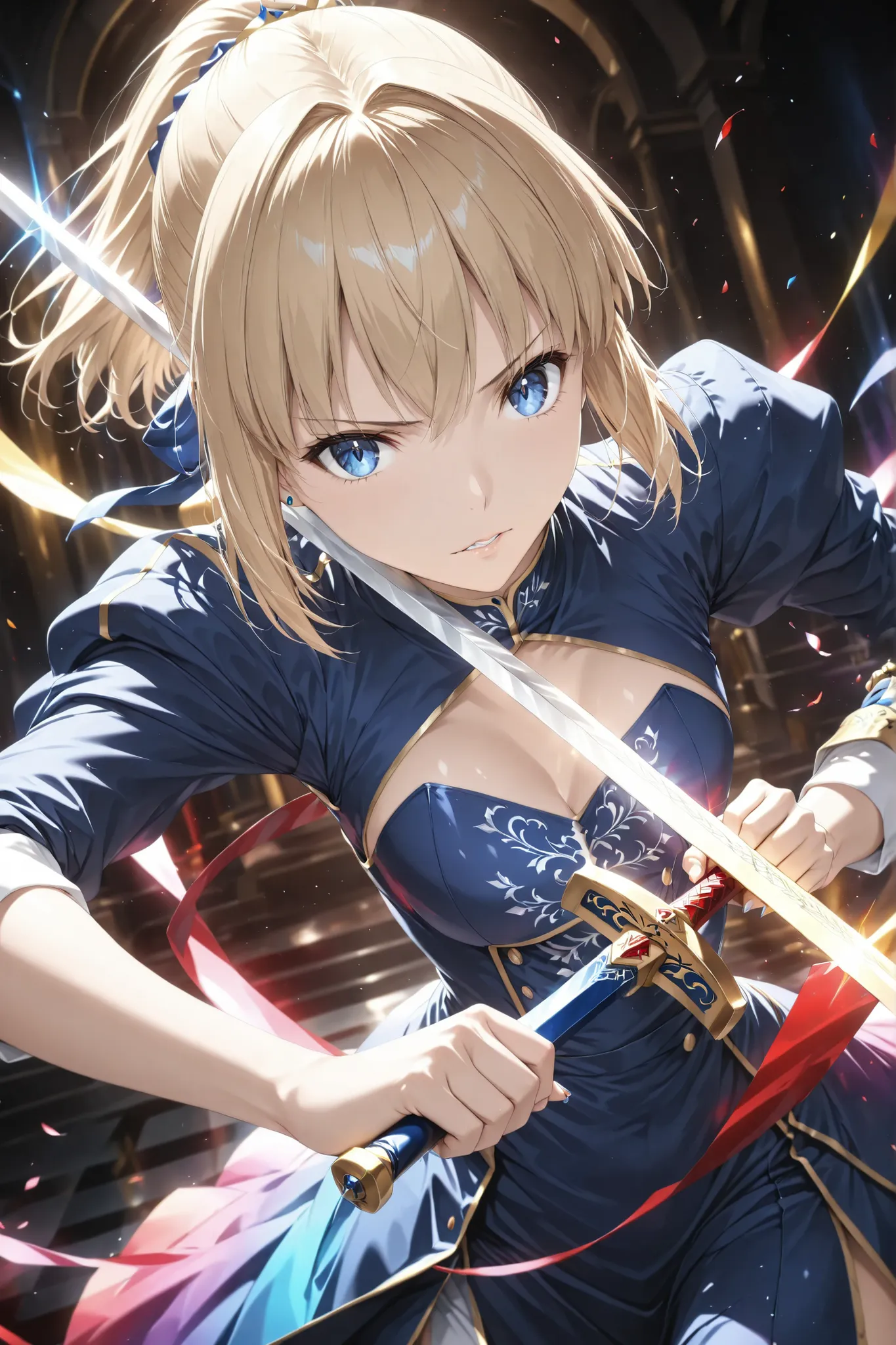 raise a sword,artoria pendragon (fate), saber (fate), (masterpiece, best quality:1.2), 1girl, solo, bronze hair, 
((color balance optimization:1..3, suppressing runaway:1.3, 256 colors, multi full color rendering)), Extremely sweet resolution, sharp pierci...
