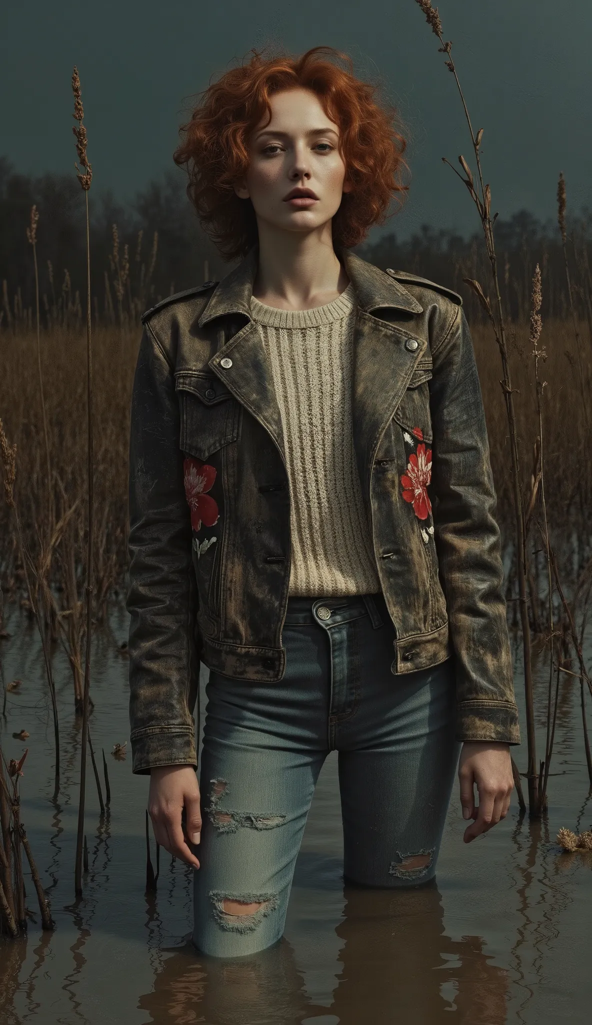 overdetailed, shocking art composition, Masterpiece vintage, Surrealistic, existential dramatic setting , expression of emotional crisis , black night light ,pale sick middle-aged woman, drowning in a mud swamp, gray sludge , duckweed reed, natural fad...