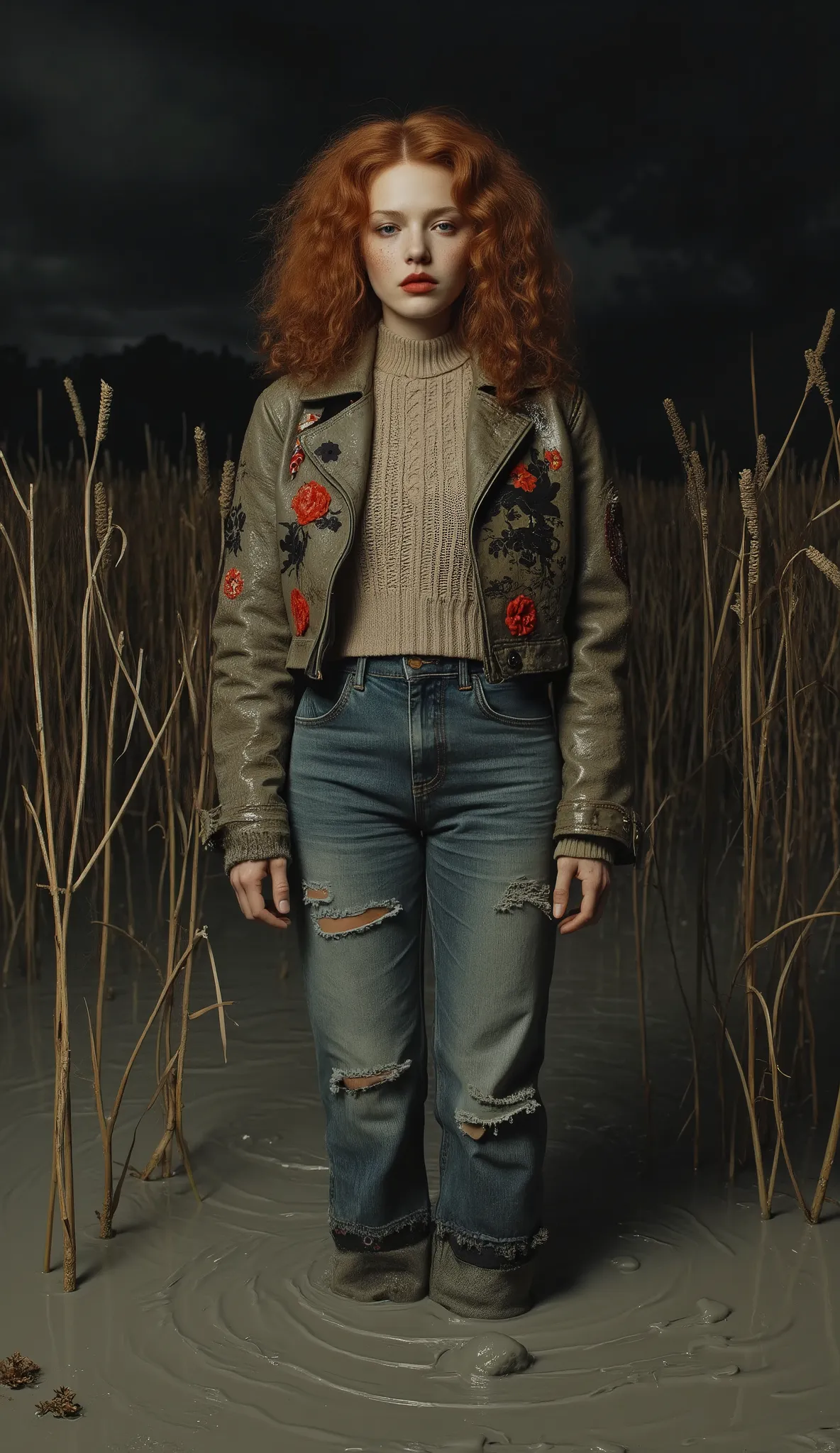 overdetailed, shocking art composition, Masterpiece vintage, Surrealistic, existential dramatic setting , expression of emotional crisis , black night light ,pale sick middle-aged woman, drowning in a mud swamp, gray sludge , duckweed reed, natural fad...