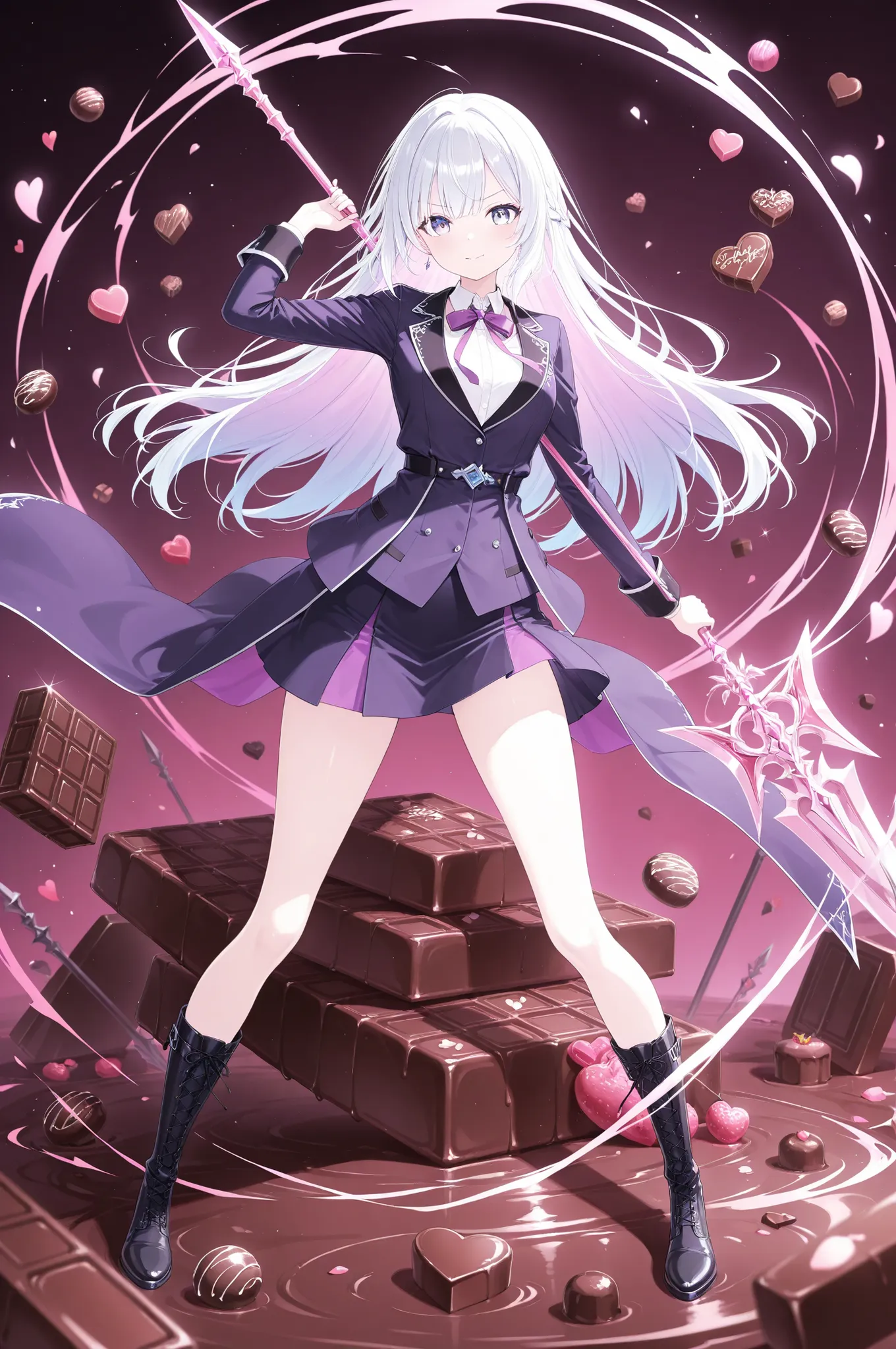 huge chocolate bar falling right in front of me, she pierces it with a spear, the tip of a spear that penetrates the chocolate and appears in front of you,
I can only see the tip of the spear that penetrated the chocolate, The sharp blade of the spear spa...