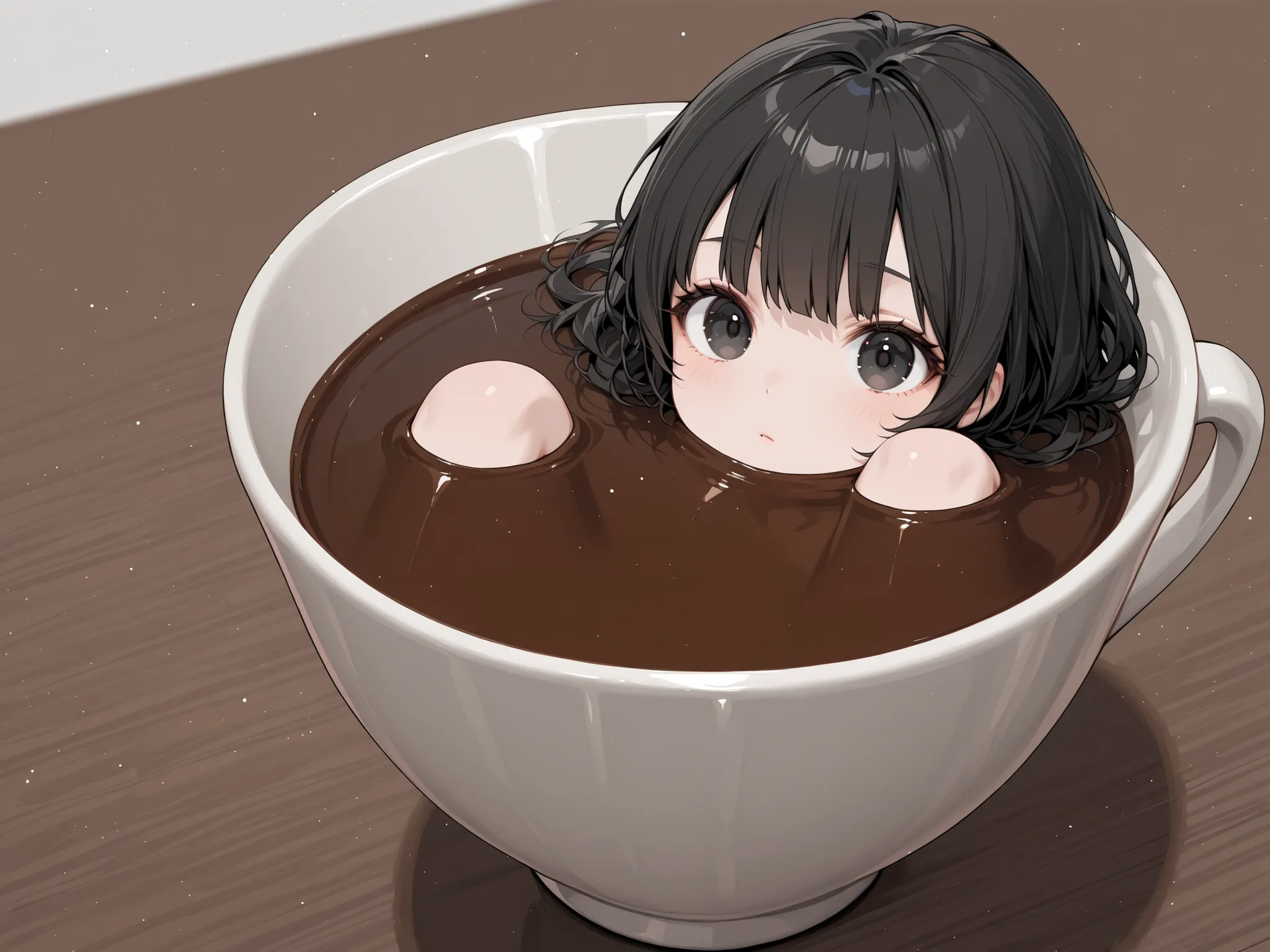 one young woman、long , tousled hair、黒い髪、black eyes、A woman is in a cup filled with cocoa、masterpiece、top quality:1.5、Head Only、