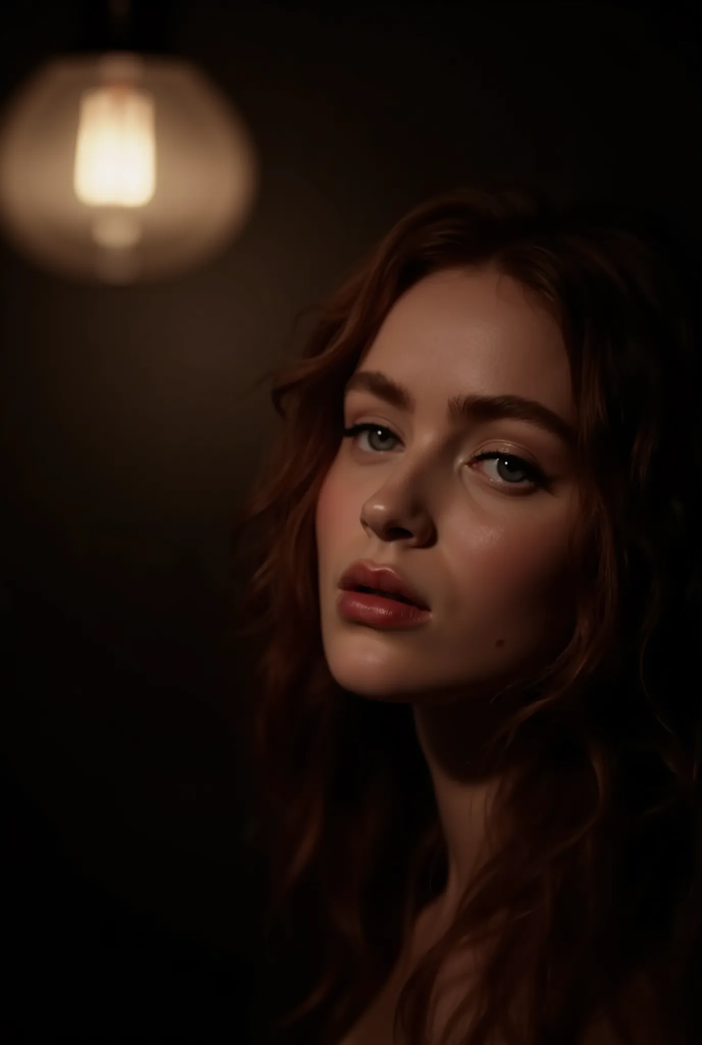 Portrait of a charismatic woman illuminated by a single warm lamp, soft shadows delicately tracing her face, ultra-realistic and cinematic mood