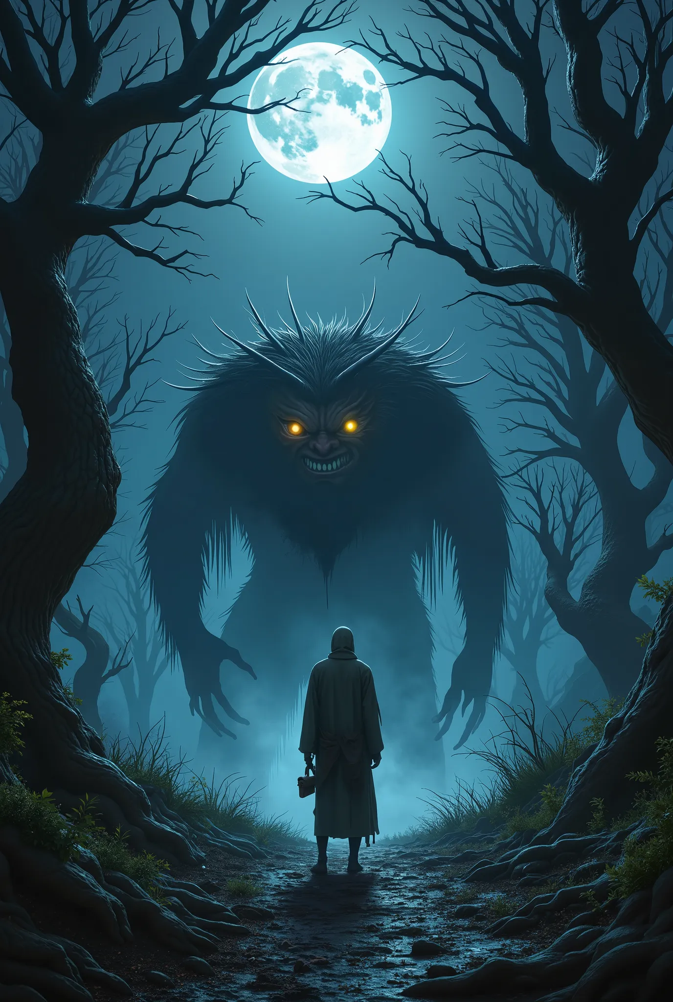 In a darkly lit, mist-shrouded forest, a haunting figure stands at the edge of a clearing. The full moon casts an eerie glow on the trees, illuminating twisted branches like grasping fingers. A lone traveler, dressed in tattered robes, appears frozen in te...