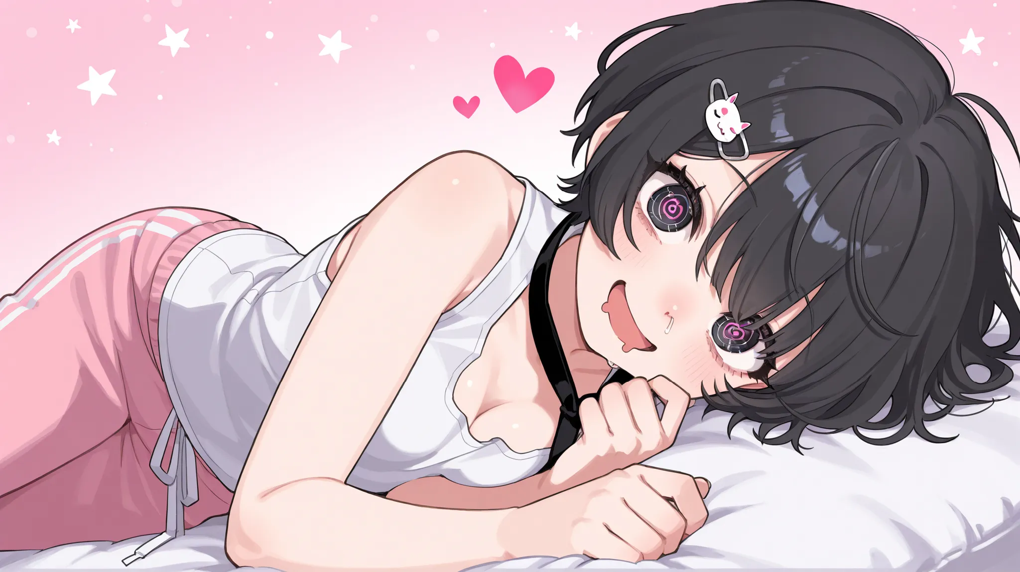 single girl。black hair short hair、bangs are straight、It is fastened with a pink heart-shaped hairpin、pink hanging eyes、Eyelashes、Her breasts are pretty big、pink sweatpants、white sleeveless shirt with quite a bit of open neck、on a fluffy pink bed、 round and...