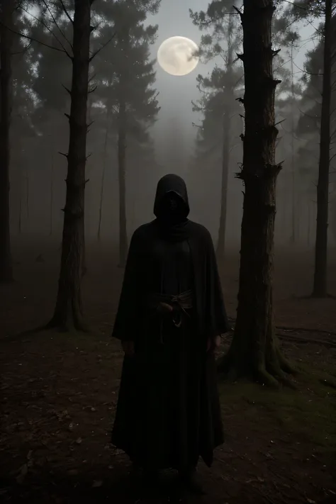 In a darkly lit, mist-shrouded forest, a haunting figure stands at the edge of a clearing. The full moon casts an eerie glow on the trees, illuminating twisted branches like grasping fingers. A lone traveler, dressed in tattered robes, appears frozen in te...