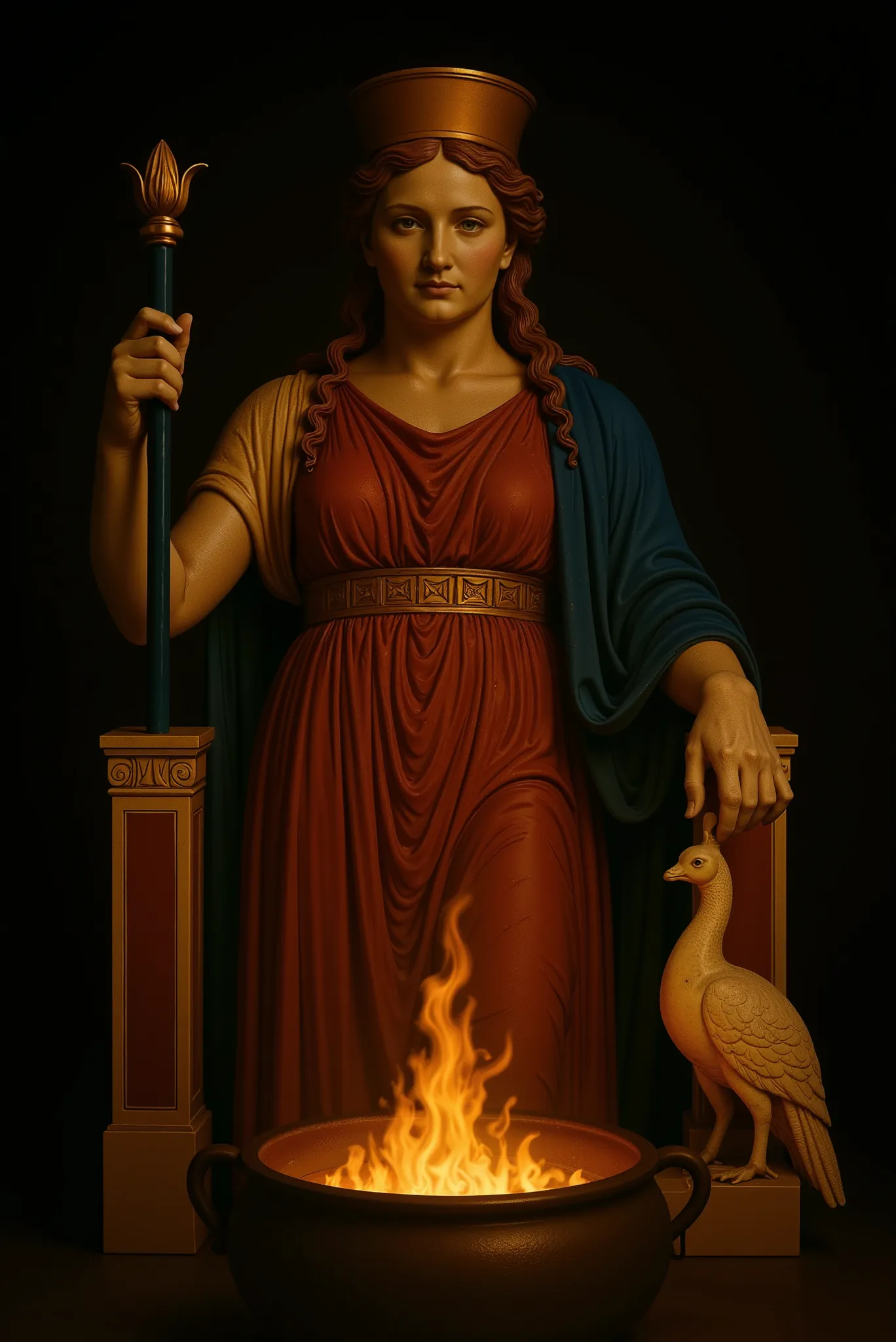 A realistic full-frame image of a marble statue of the goddess Hera, depicted as it would have appeared in ancient times, painted in vibrant polychrome colors. The statue stands in a dark, shadowed environment, illuminated dramatically from below by the fl...