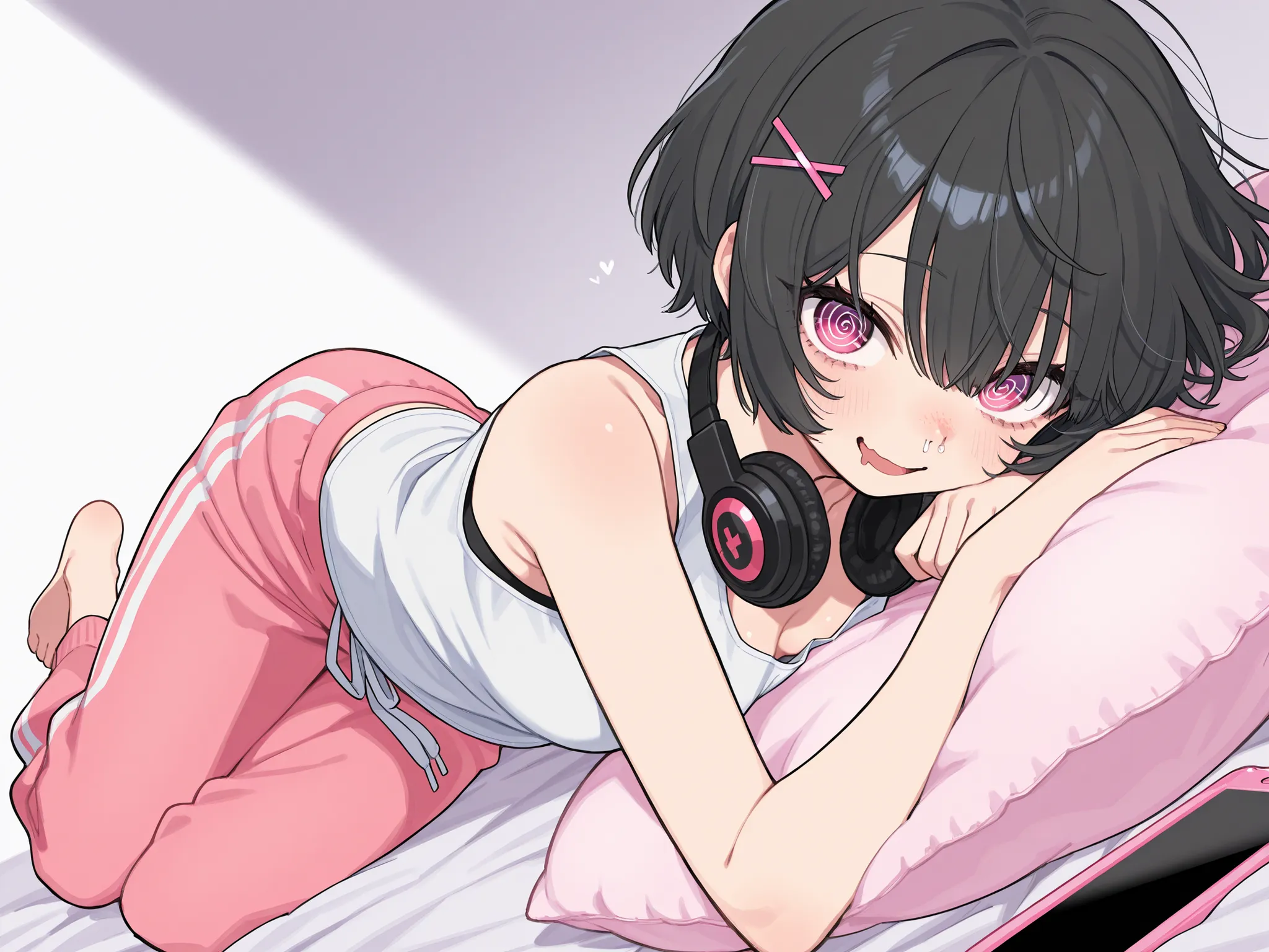 single girl。black hair short hair、bangs are straight、I'm holding it with two pink hairpins、pink eyes with black swirling pupils、Eyelashes、Her breasts are pretty big、pink sweatpants、Barefoot、white sleeveless shirt with quite a bit of open neck、on a fluffy p...