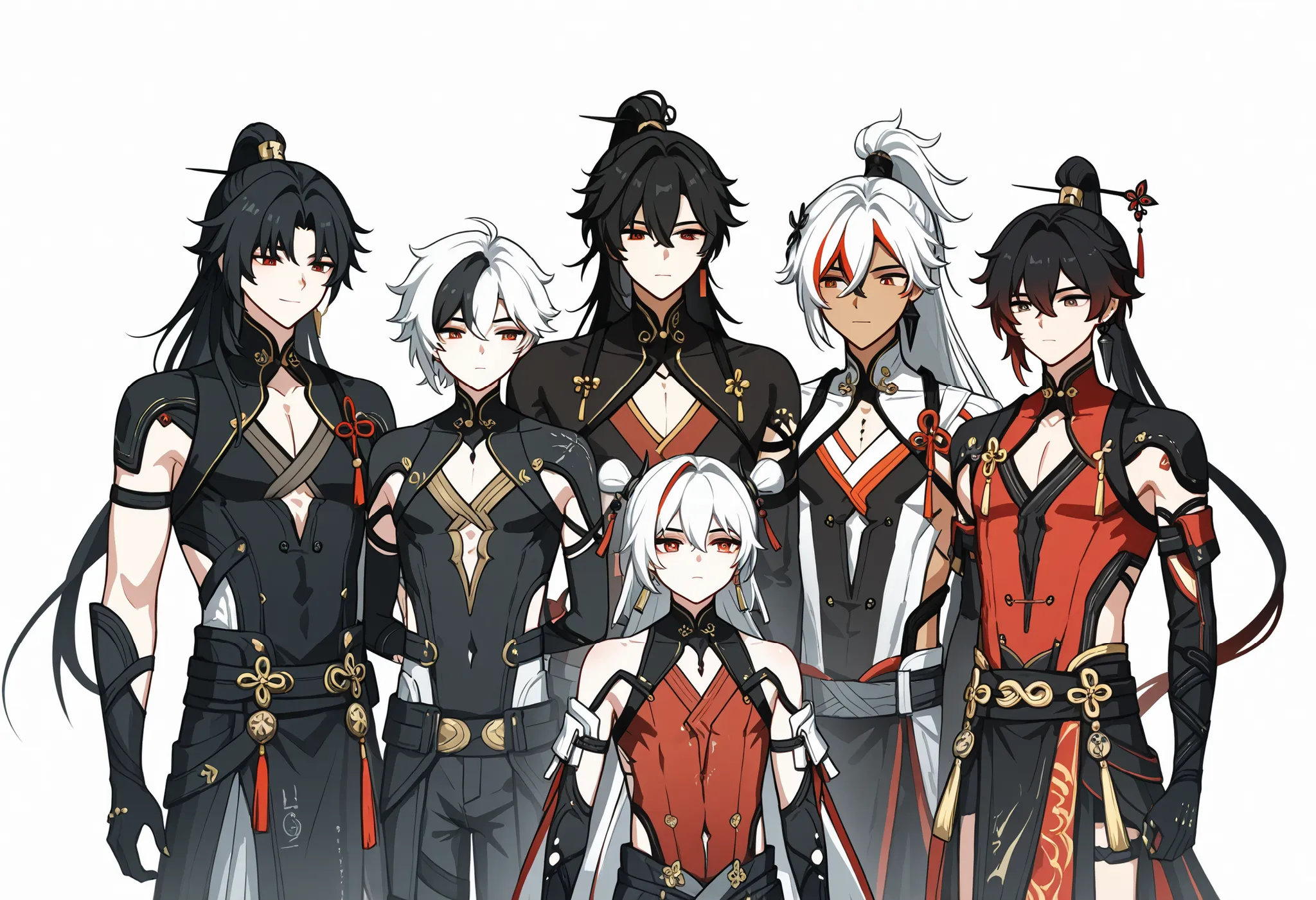 yinlin_(wuthering_waves), five boys, Camellya \(Wuthering Waves \), cowboy shot, looking at you, white background, simple background, black hair, white hair, red tips, long hair, red outfit, dark skin, tan skin,