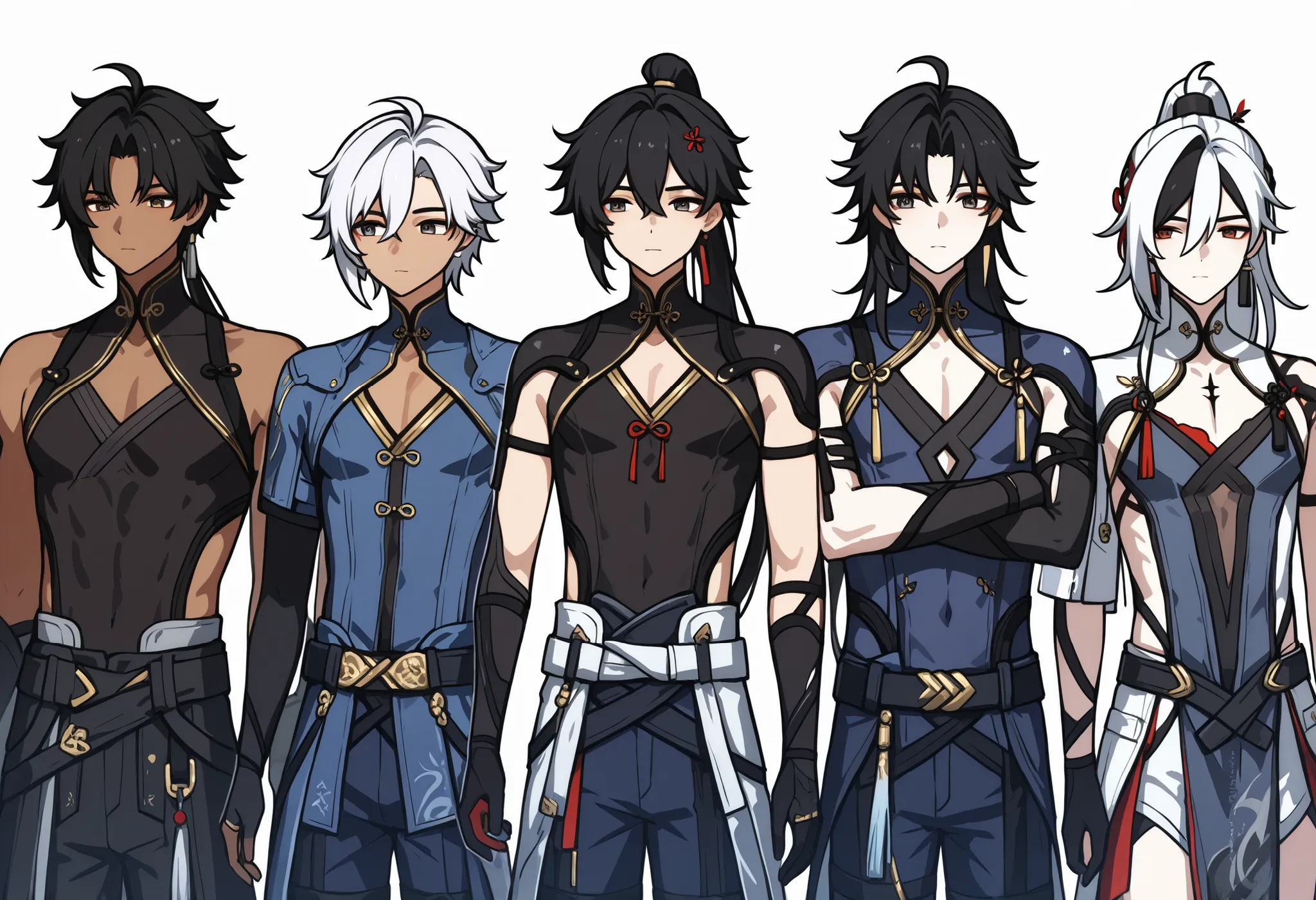 (wuthering_waves), Five boys, Camellya \(Wuthering Waves \), cowboy shot, looking at you, white background, simple background, black hair, white hair, purple tips, long hair, blue outfit, dark skin, tan skin,