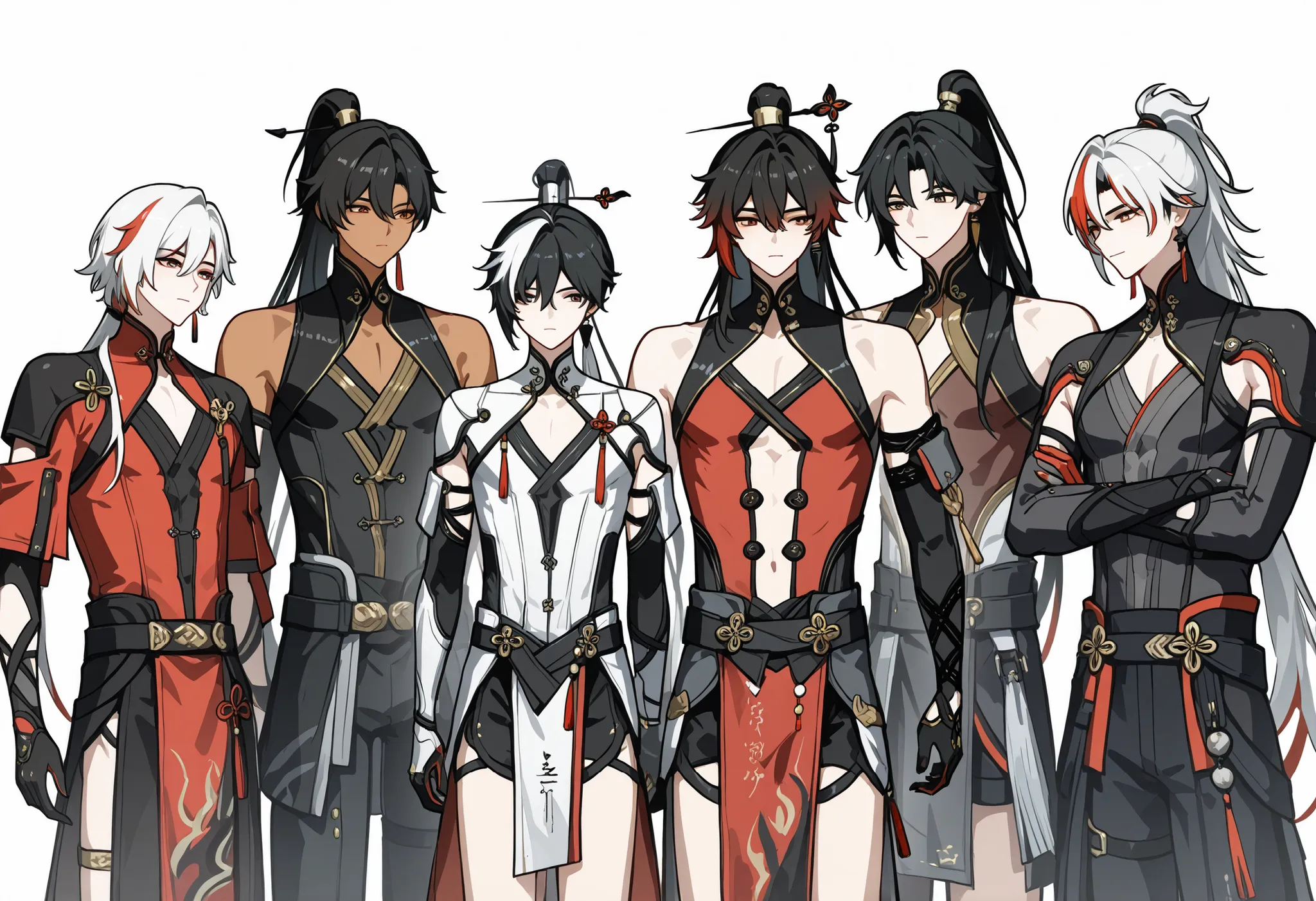 yinlin_(wuthering_waves), five boys, Camellya \(Wuthering Waves \), cowboy shot, looking at you, white background, simple background, black hair, white hair, red tips, long hair, red outfit, dark skin, tan skin,