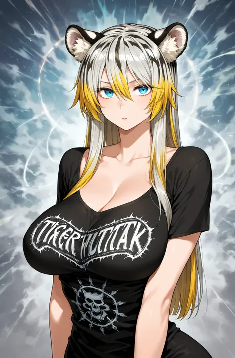 solo, woman, blonde hair, silver hair, patterned hair, straight hair,mid breast, curvy, ultimate quality, 1coma, tiger ears fluffy, punk style fashion, epic background, upper body,
