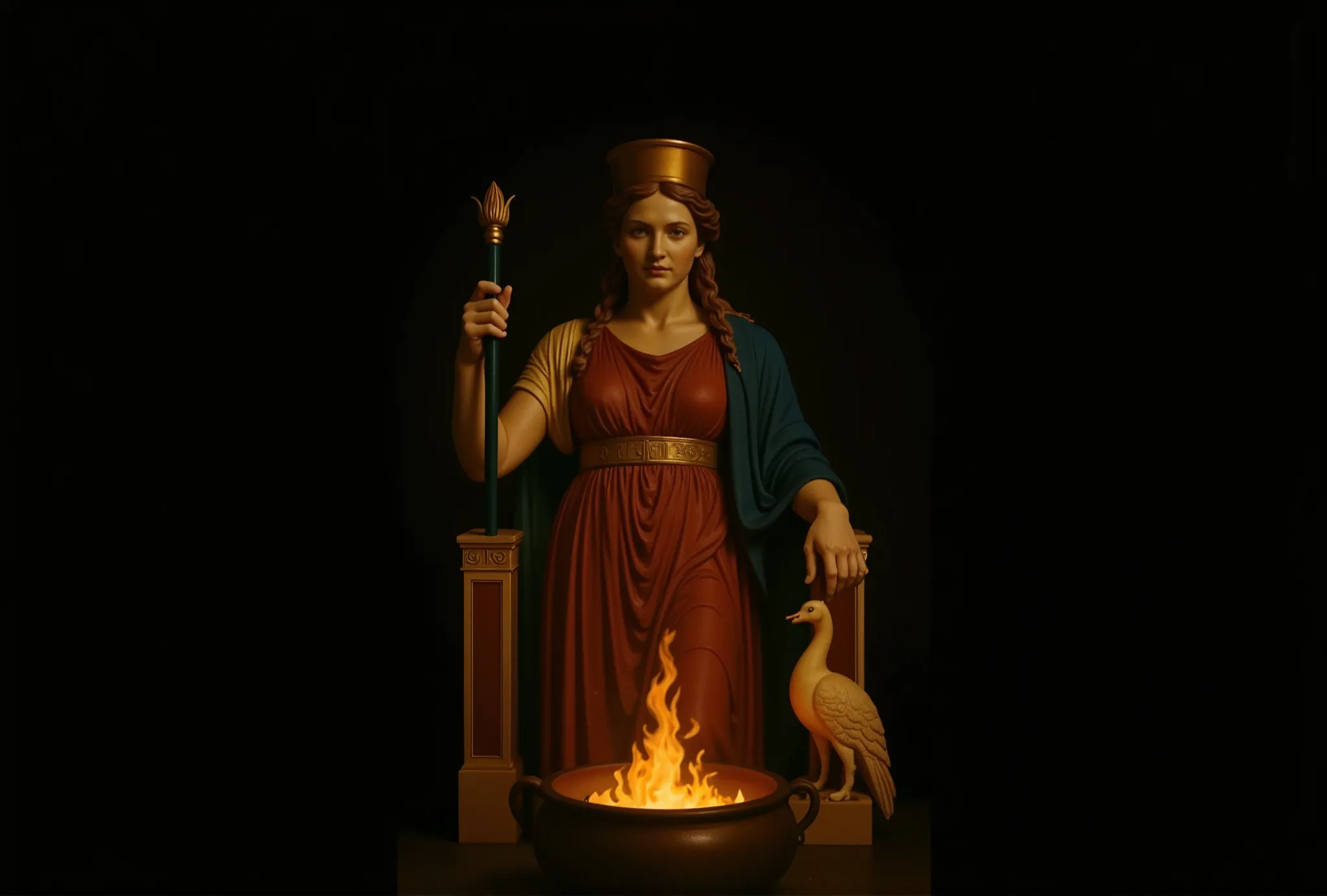 A realistic full-frame image of a marble statue of the goddess Hera, depicted as it would have appeared in ancient times, painted in vibrant polychrome colors. The statue stands in a dark, shadowed environment, illuminated dramatically from below by the fl...