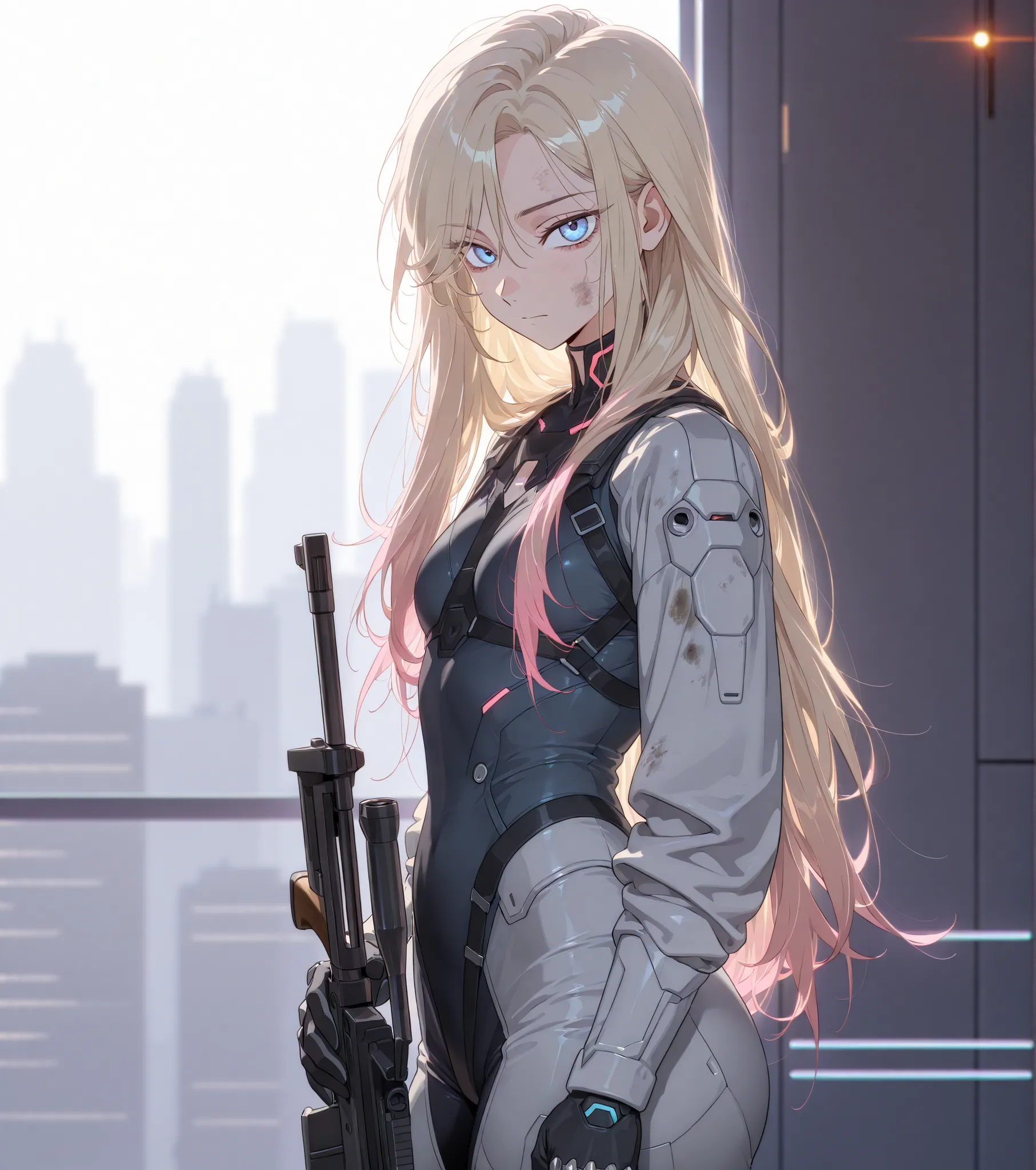 backlighting, warm lighting, manwha, webtoon, scenery, accented lights, 1girl, solo, A medium shot of a mature woman looking at the viewer, detailed face, intricate details, shikimori, bright blue eyes, blonde hair with pink highlights, wearing a call of d...