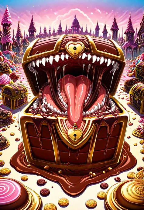 Anime screencap, Anime style, Anime coloration, ((chocolate mimic treasure chest on the ground)), full body, very_prominent huge sharp teeth, saliva, heart shaped lock, monster tongue, candyland background, buildings made of candy and sweet desserts. shiny...
