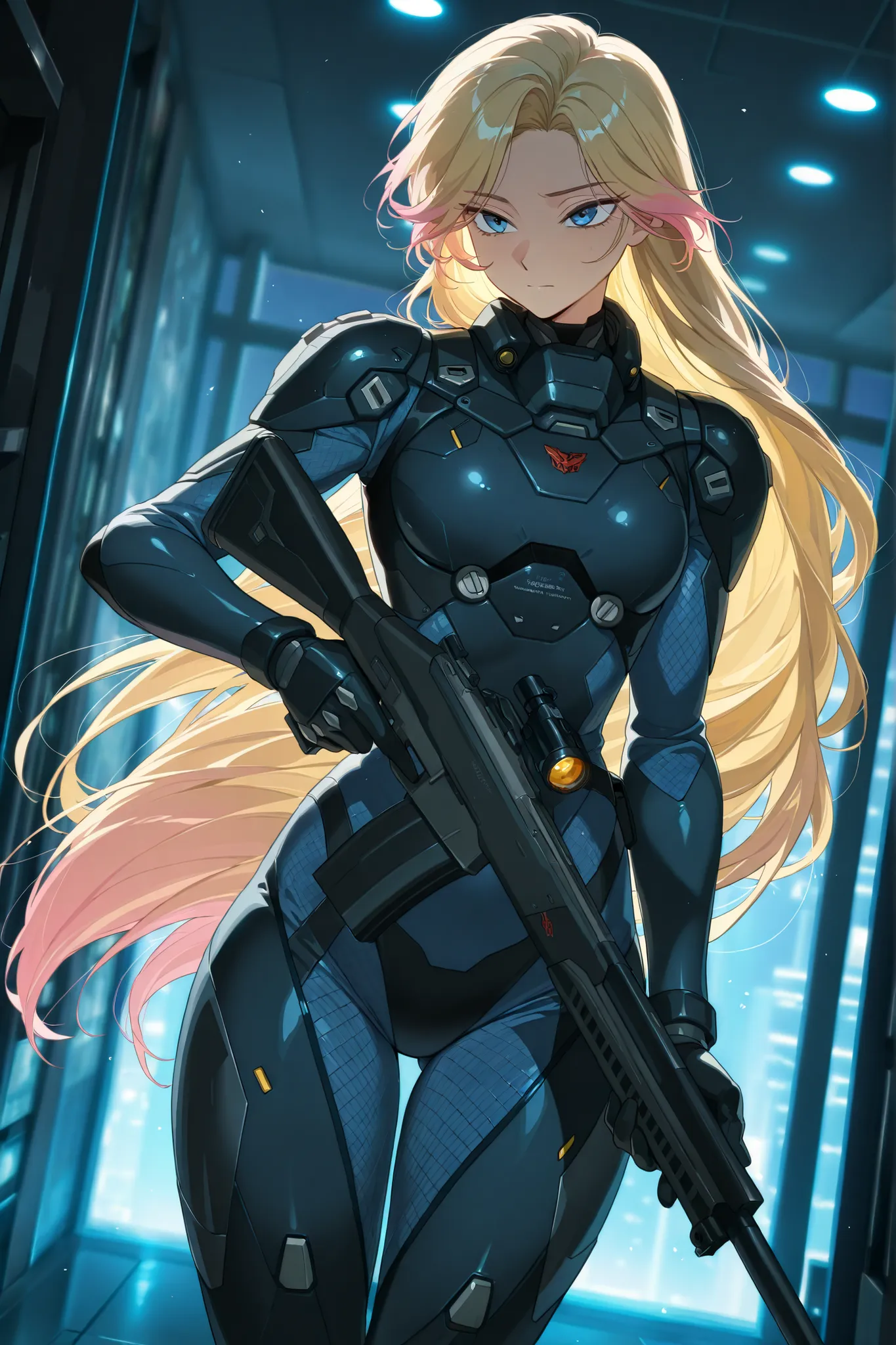 backlighting, warm lighting, manwha, webtoon, scenery, accented lights, 1girl, solo, A dynamic medium shot of a mature woman at a quarter angle/three quarter angle, detailed face, intricate details, shikimori, bright blue eyes, blonde hair with pink highli...