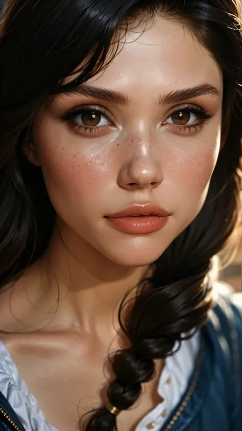 high resolution, ultradetailed, sunny day, ray of lights, 16k, UHD, photorealistic, (skin texture:1.2), (detailed face features:1.3), correct proportions, 1 girl, beautiful brown eyes, cowboy pose, dynamic pose, pretty eyes, plump lips, (thin and sharp pal...