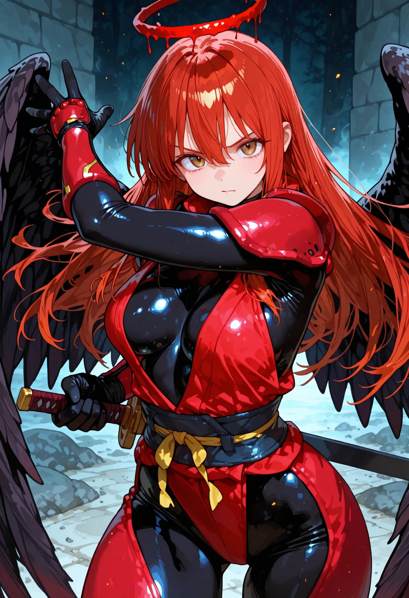Full figure, Tia Noto Yoko from anime Bastard, 1girl human w era at ninja fitting body suit, armed with a fantasy swords, medbreast,,pose fighting, looking at viewer, red break halo, dark black wings, brown eyes, red hair, long  hair, Isekai world.