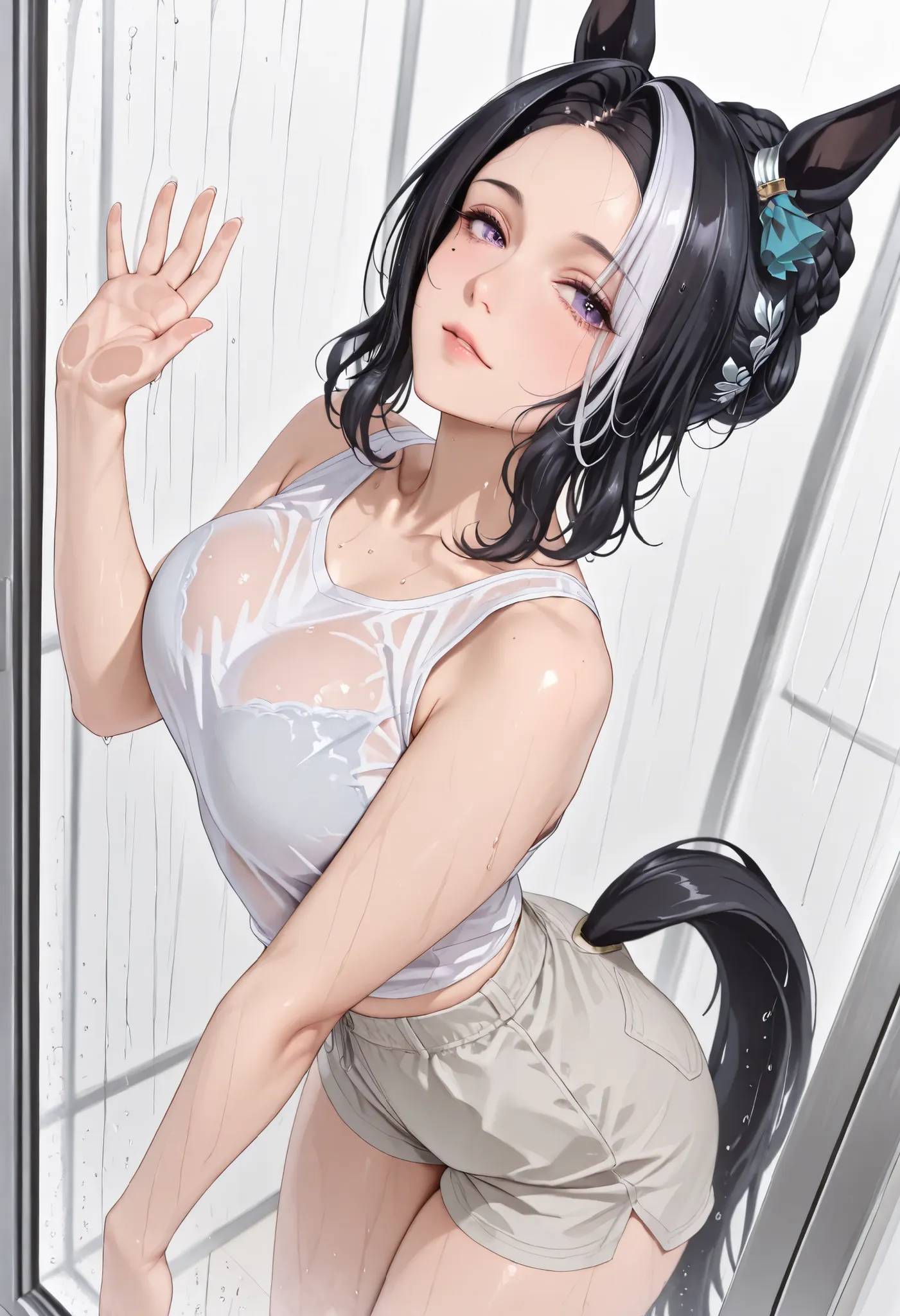 (masterpiece, best quality, perfect face:1.4), wide angle, full body, mejiro ramonu \(umamusume\), black hair, white hair, multicolored hair, purple eyes, mole under eye, ear ornament, horse ears, horse tail, tail on the lower back, proportional body, prop...