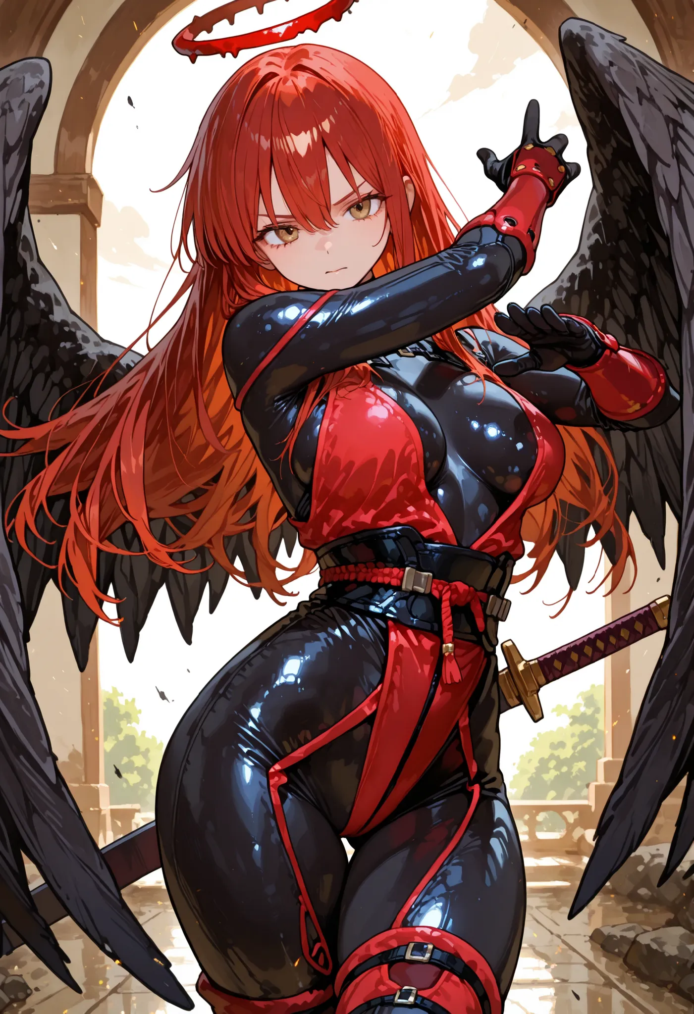 748cmstyle, Full figure, Tia Noto Yoko from anime Bastard, 1girl human w era at ninja fitting body suit, armed with a fantasy swords, medbreast,,pose fighting, looking at viewer, red break halo, dark black wings, brown eyes, red hair, long  hair, Isekai wo...