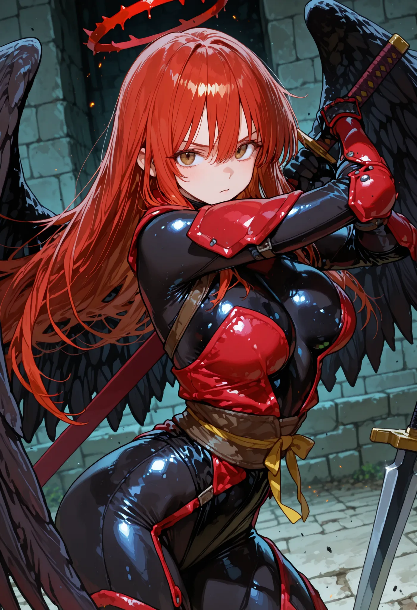 748cmstyle, Full figure, Tia Noto Yoko from anime Bastard, 1girl human w era at ninja fitting body suit, armed with a fantasy swords, medbreast,,pose fighting, looking at viewer, red break halo, dark black wings, brown eyes, red hair, long  hair, Isekai wo...